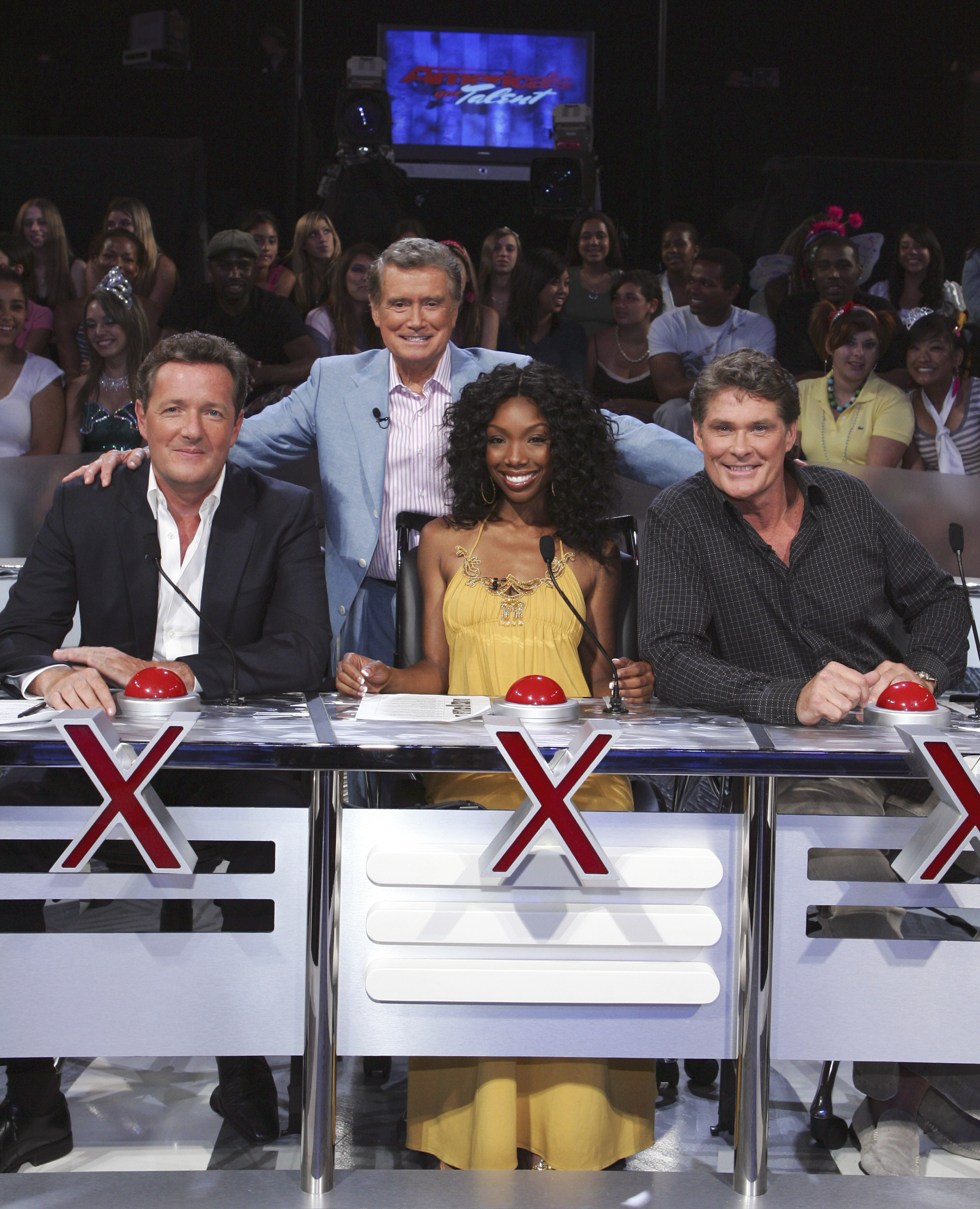 Regis Philbin hosting Season 1 of 'America's Got Talent' with Piers Morgan, Brandy Norwood, and David Hasselhoff