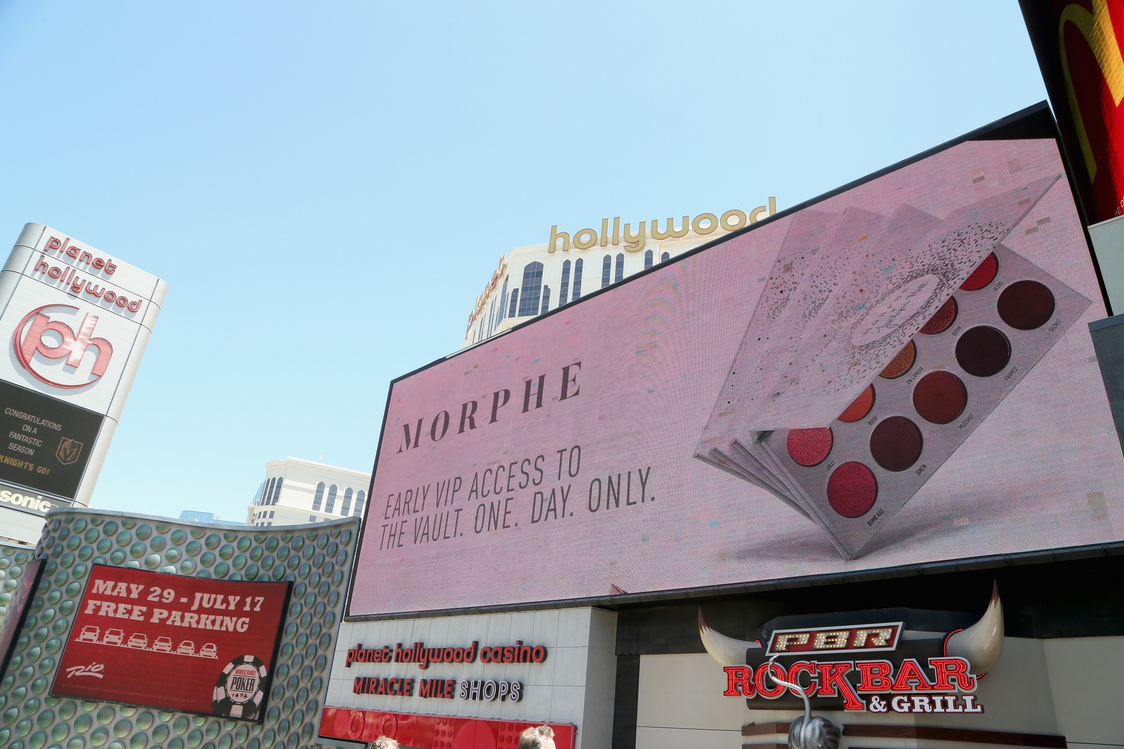 A digital billboard displaying the Morphe store opening at the Miracle Mile Shops at Planet Hollywood Resort & Casino