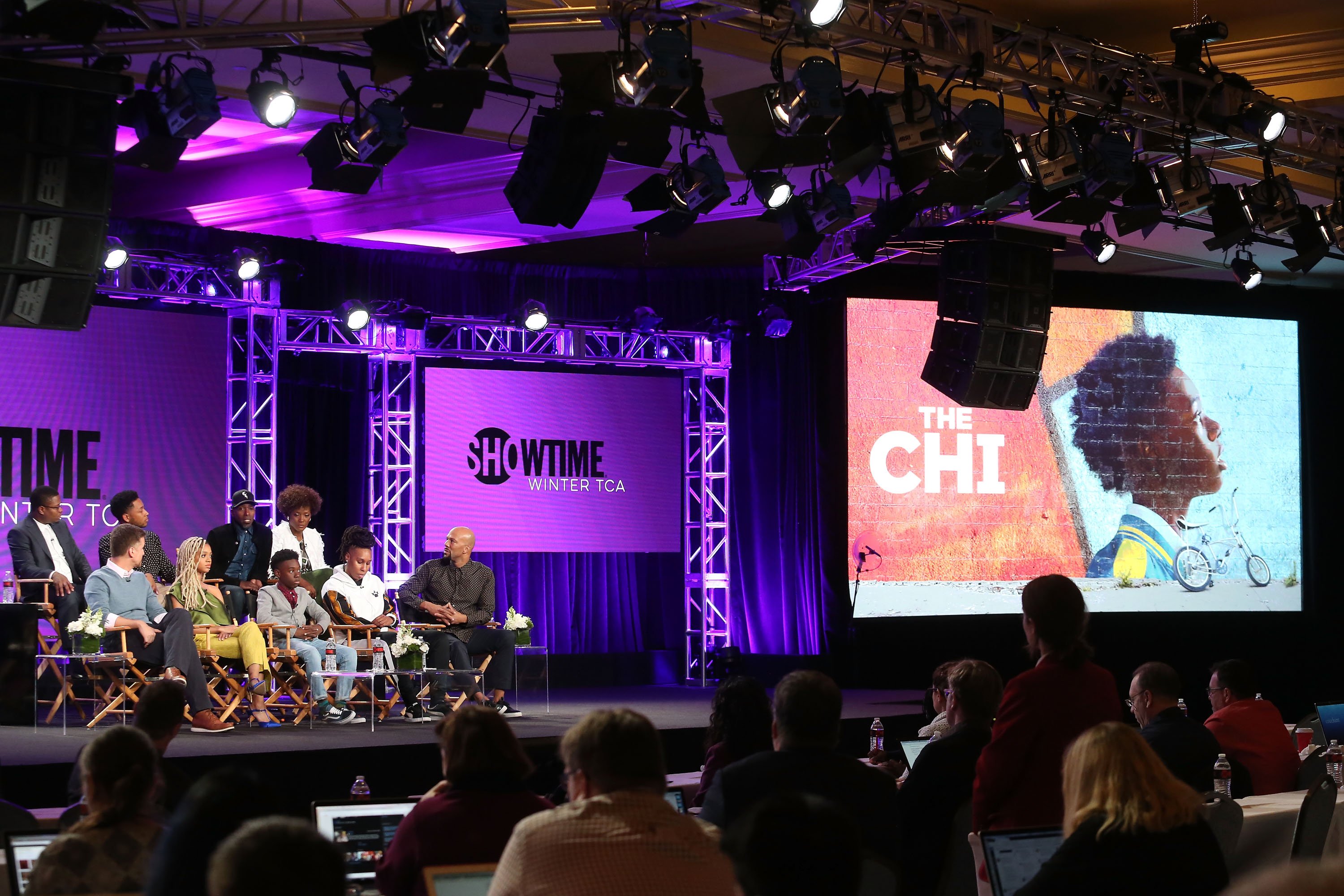 Jason Mitchell, Jacob Latimore, Ntare Guma Mbaho Mwine, Yolonda Ross, (l-r, front row) actors Armando Riesco, Tiffany Boone, Alex Hibbert, Lena Waithe and Common of the television show 'The Chi' speak onstage