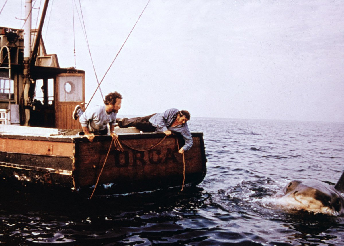 Richard Dreyfuss (L) and Robert Shaw (1927 - 1978) hold ropes while leaning off the back of their boat, 'Orca,' in pursuit of the giant Great White shark in a still from the film, 'Jaws,' directed by Steven Spielberg, 1975