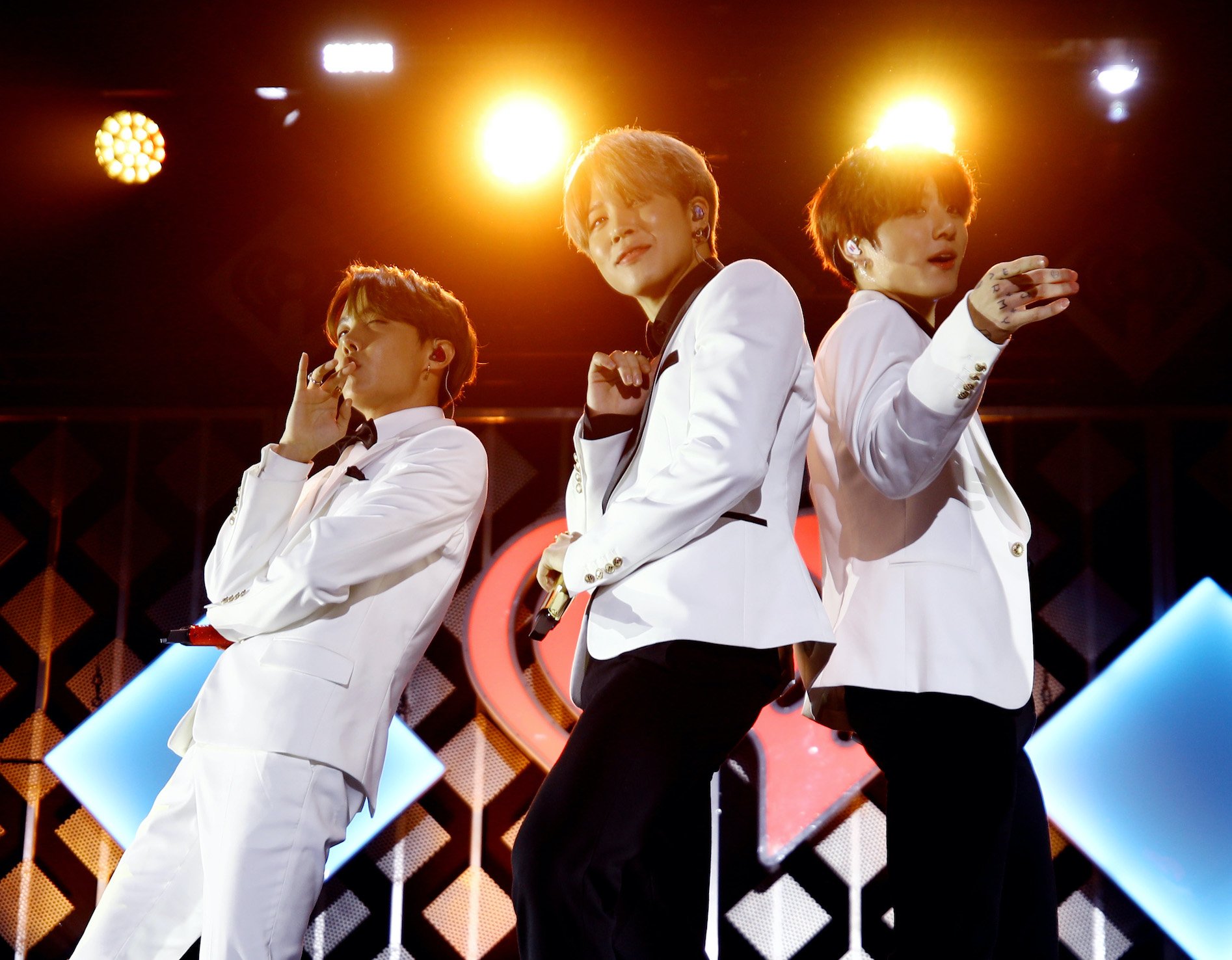 J-Hope, Jimin, and Jungkook of BTS perform onstage during 102.7 KIIS FM's Jingle Ball 2019