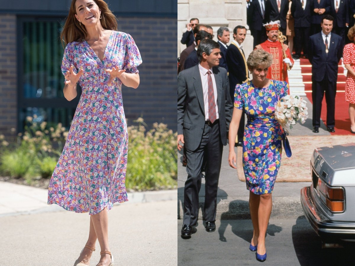 Kate Middleton wearing a purple floral dress in 2020; Princess Diana wearing a similar dress in 1992