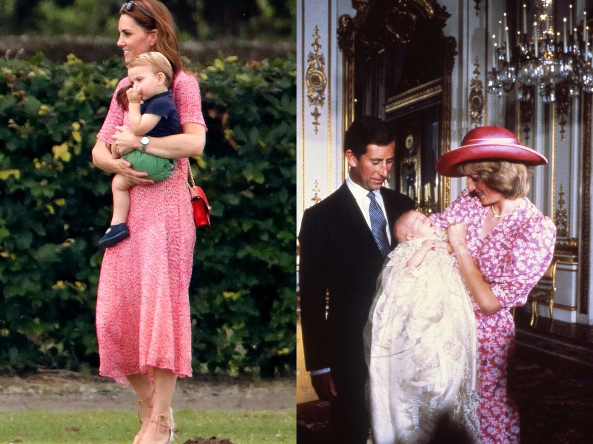 Kate Middleton wearing pink florals while holding Prince George; Princess Diana wearing pink florals while holding Prince William