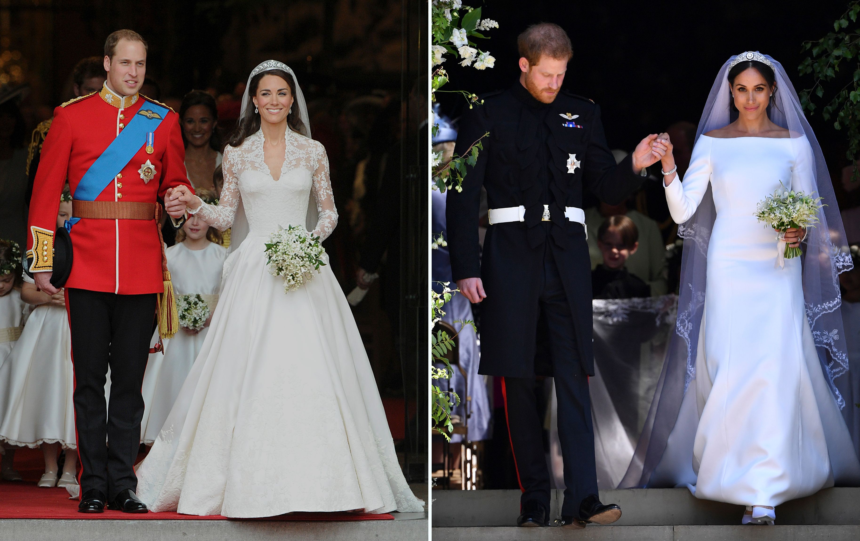 (L) Prince William and Kate Middleton's wedding, (R) Prince Harry and Meghan Markle's wedding