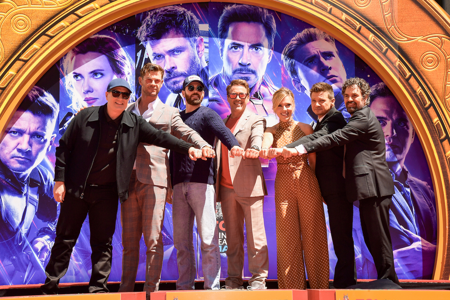 Kevin Feige, Chris Hemsworth, Chris Evans, Robert Downey Jr., Scarlett Johansson, Mark Ruffalo, and Jeremy Renner