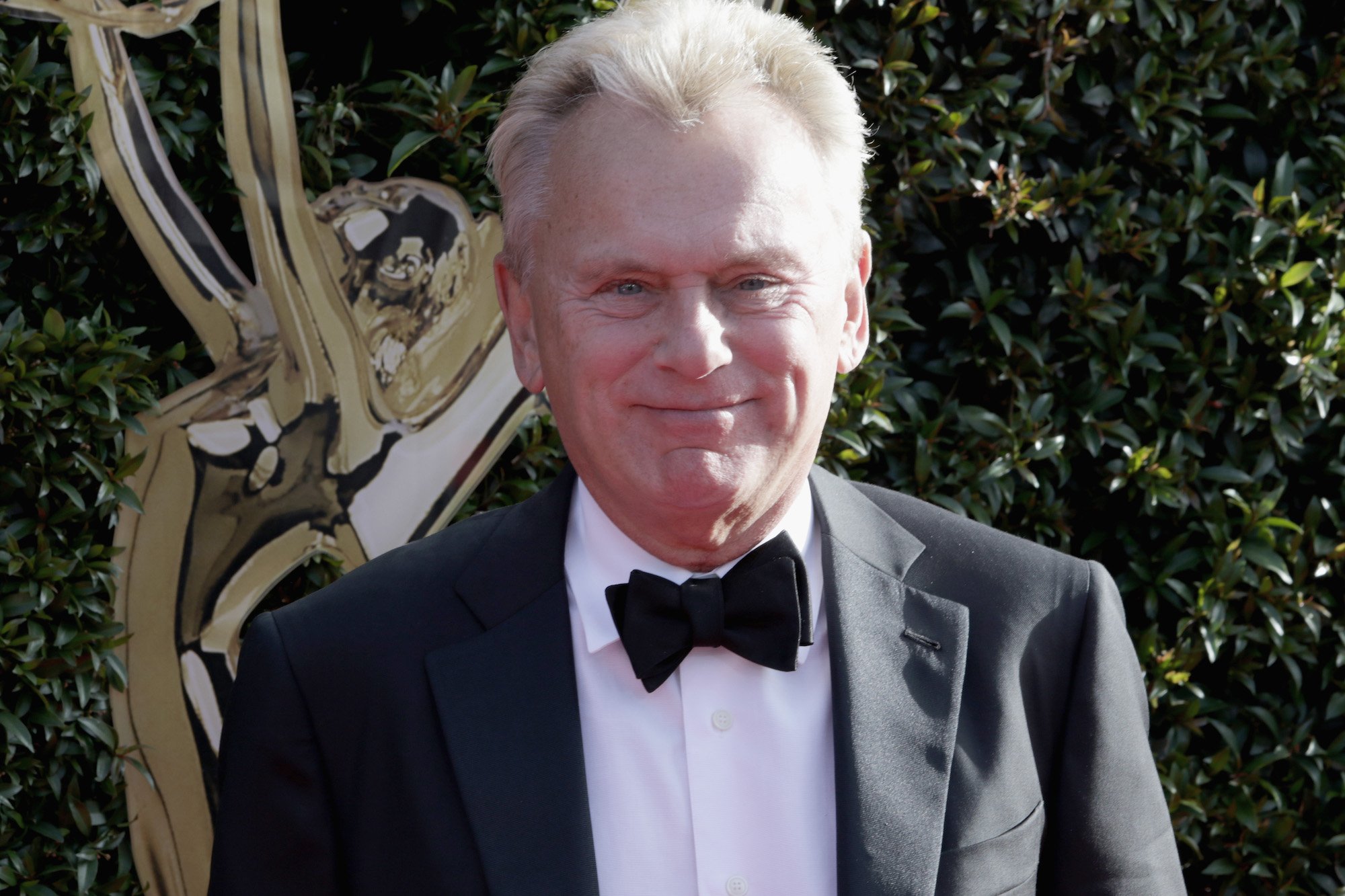 Pat Sajak smiling in front of a green textured background