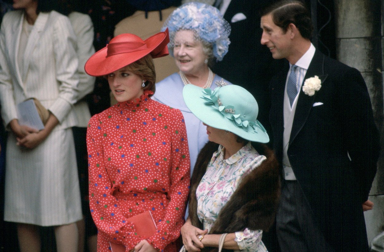 Princess Diana, Princess Margaret, Prince Charles, and the Queen Mother attend a wedding