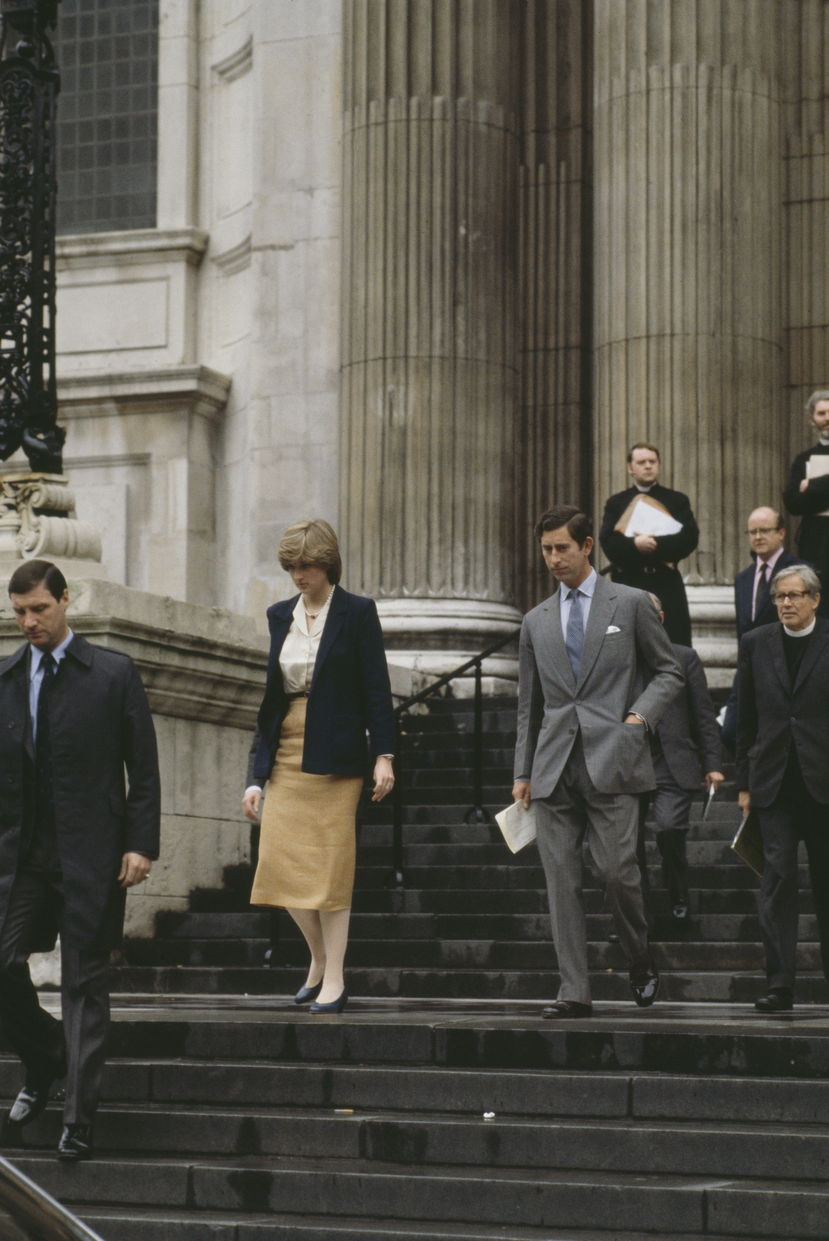 Princess Diana and Prince Charles leave St. Paul's Cathedral after a wedding rehearsal