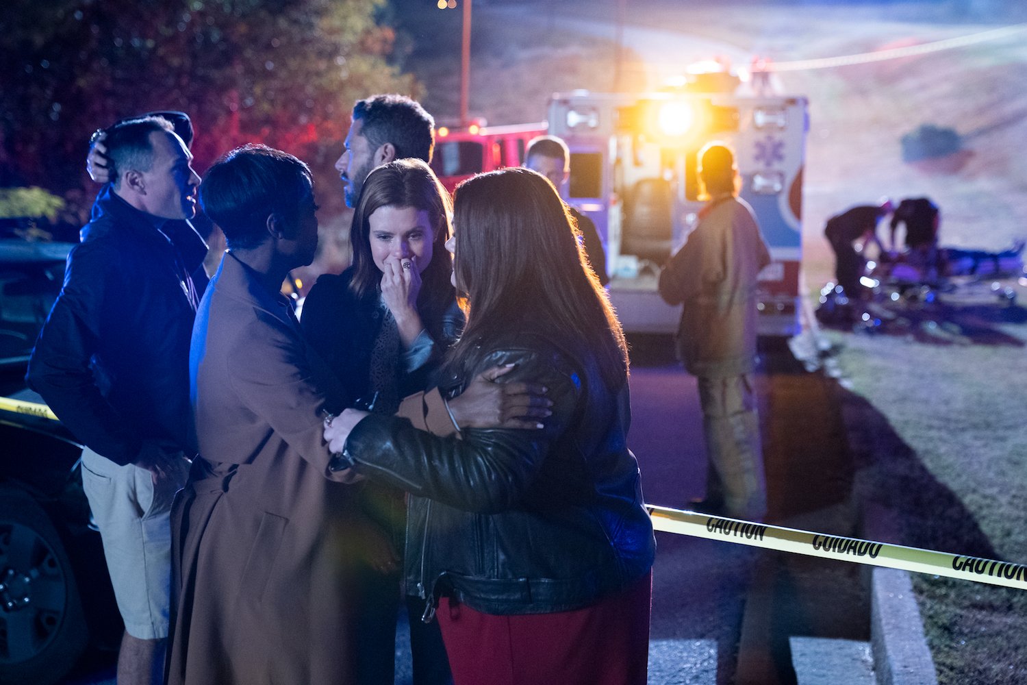 Crying JoAnna Garcia is embraced by her friends at the scene of a car accident in Sweet Magnolias 