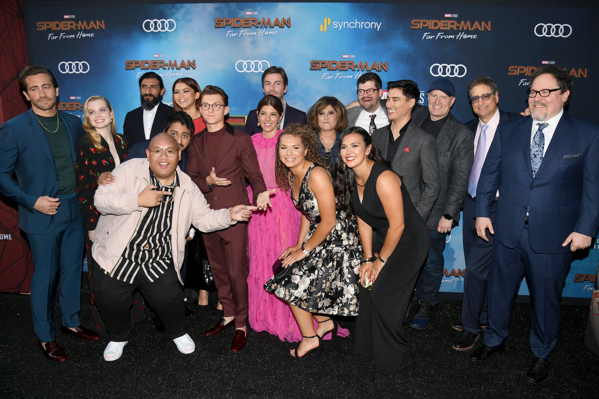 (L-R) Jake Gyllenhaal , Numan Acar, Jacob Batalon, Tony Revolori, Zendaya, Tom Holland, Marisa Tomei, Jon Watts, Amy Pascal, Eric Carroll, Remy Hii, Kevin Feige, Tom Rothman, and Jon Favreau