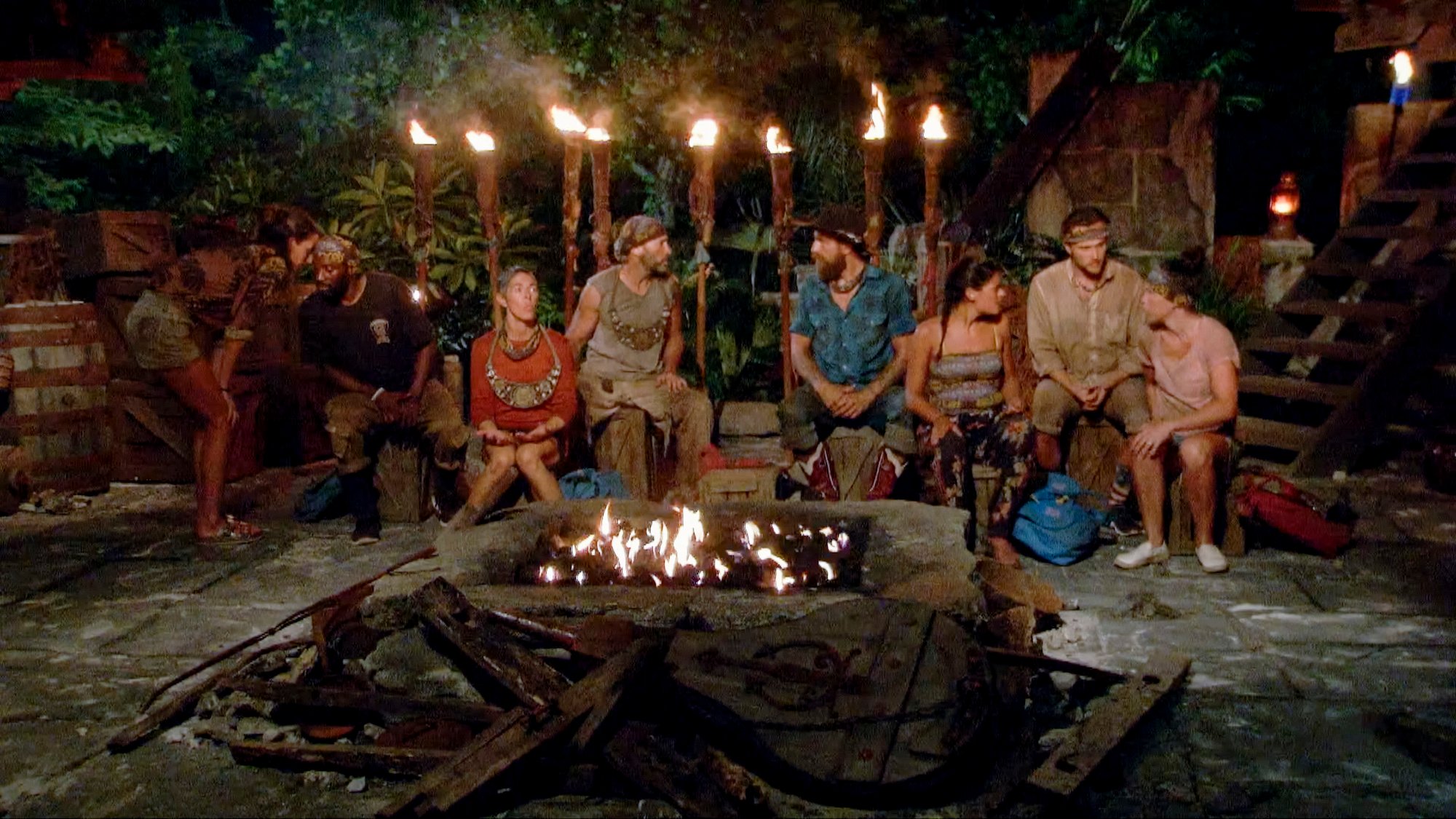 Kim Spradlin, Jeremy Collins, Denise Stapley, Tony Vlachos, Ben Driebergen, Michele Fitzgerald, Nick Wilson and Sarah Lacina at tribal council on 'Survivor'