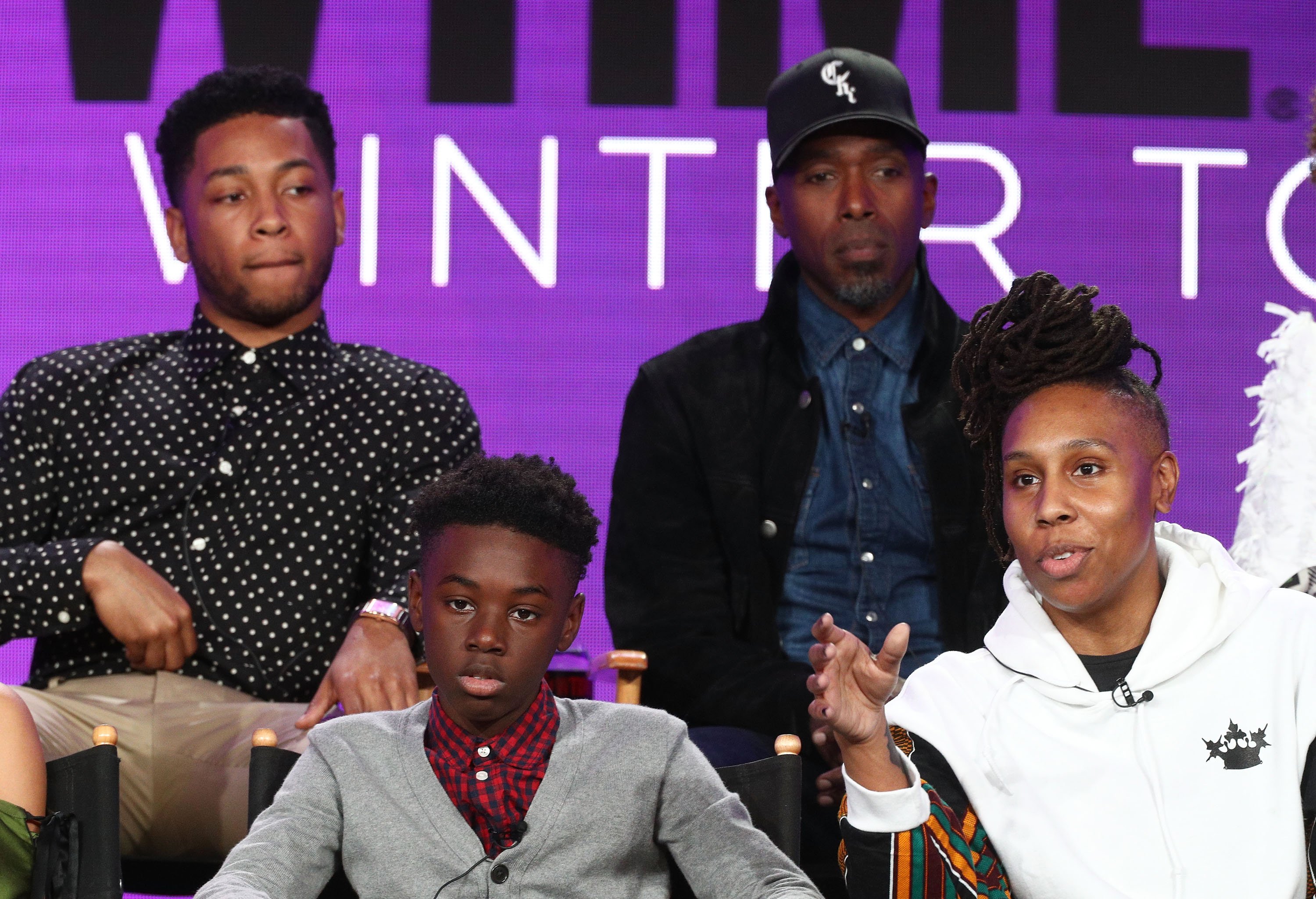 Actors Jacob Latimore, Ntare Guma Mbaho Mwine, (l-r, front row) actor Alex Hibbert and creator/executive producer and writer Lena Waithe of the television show The Chi speak onstage during the CBS/Showtime portion of the 2018 Winter Television Critics Association Press Tour