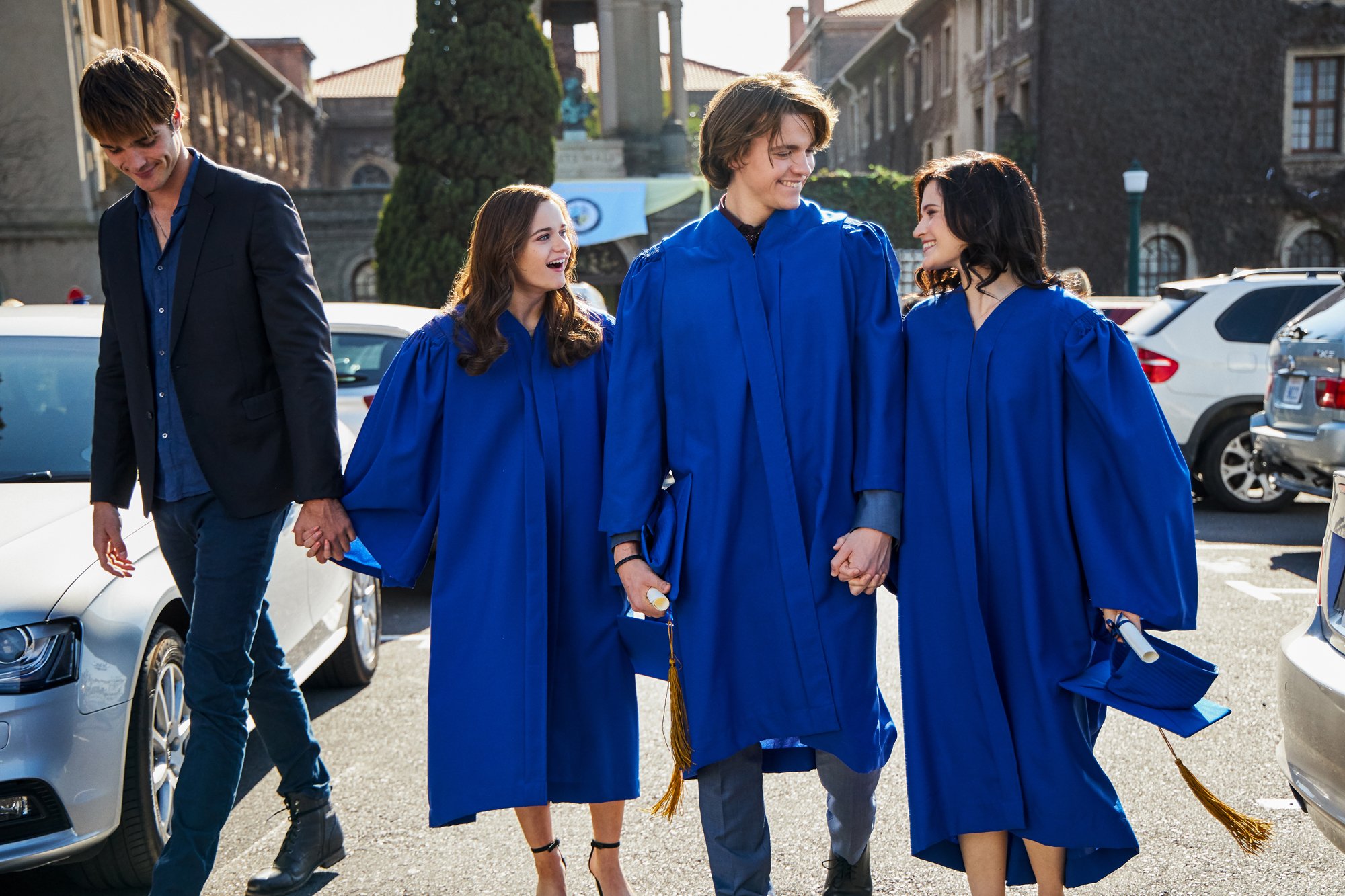 Jacob Elordi as Noah Flynn, Joey Kings as Shelly 'Elle' Evans, Joel Courtney as Lee Flynn, Meganne Young as Rachel in 'The Kissing Booth 2'