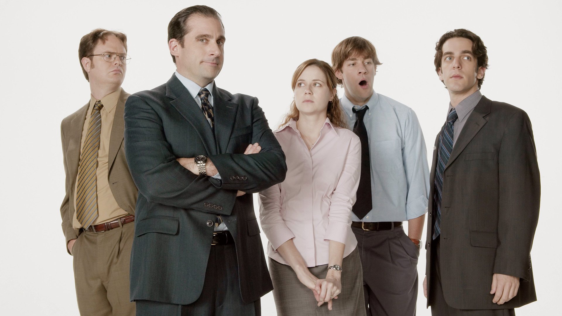 Rainn Wilson as Dwight Schrute, Steve Carell as Michael Scott, Jenna Fischer as Pam Beesly, John Krasinski as Jim Halpert, and B.J. Novak as Ryan Howard of 'The Office' Season 1 Cast