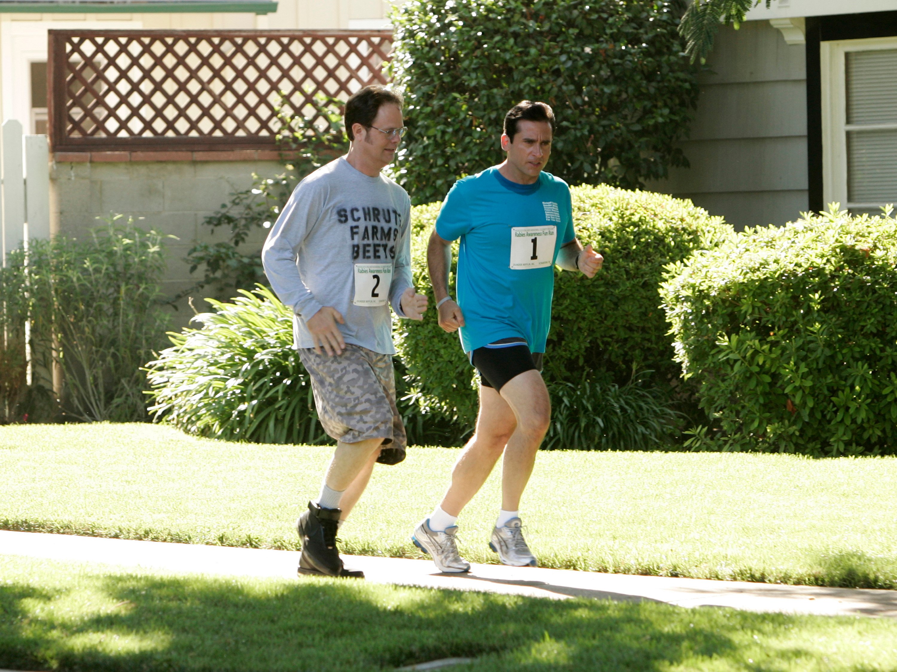 Rain Wilson and Steve Carell filming a scene from 'The Office