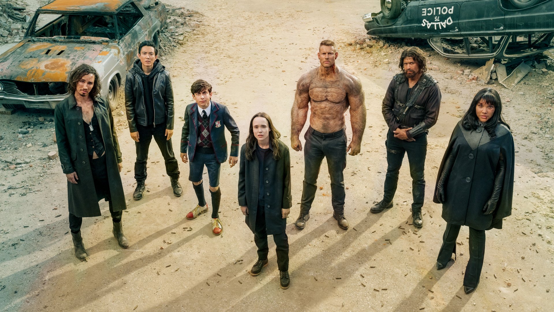 Robert Sheehan as Klaus, Justin H. Min as Ben, Aidan Gallagher as Number Five, Elliot Page as Vanya, Tom Hopper as Luther, David Castañeda as Diego, Emmy Raver-Lampman as Allison of 'The Umbrella Academy' Season 2 cast