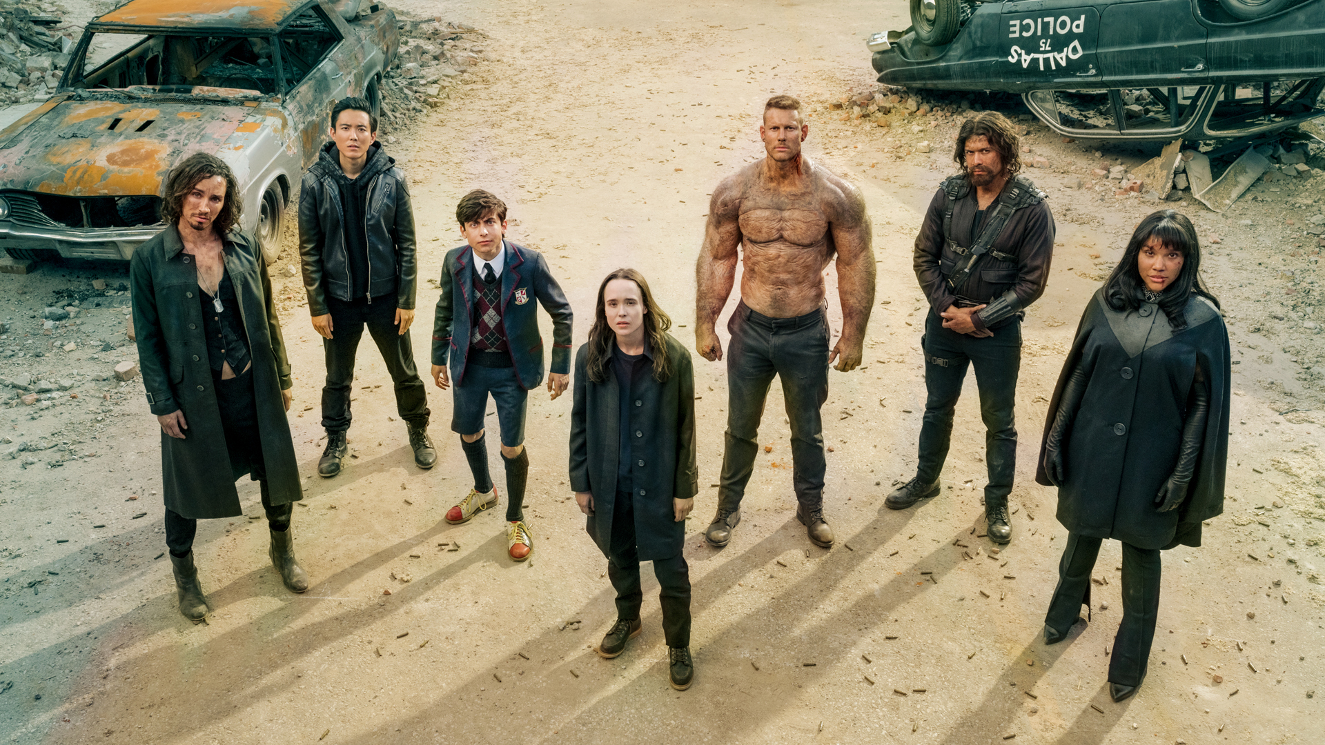 Robert Sheehan as Klaus, Justin H. Min as Ben, Aidan Gallagher as Number Five, Ellen Page as Vanya, Tom Hopper as Luther, David Castañeda as Diego, Emmy Raver-Lampman as Allison of 'The Umbrella Academy' Season 2 cast