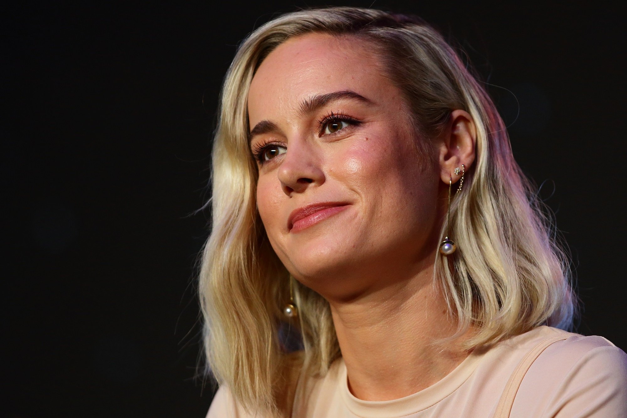 Brie Larson attends the press conference for 'Captain Marvel' on February 14, 2019 in Singapore.