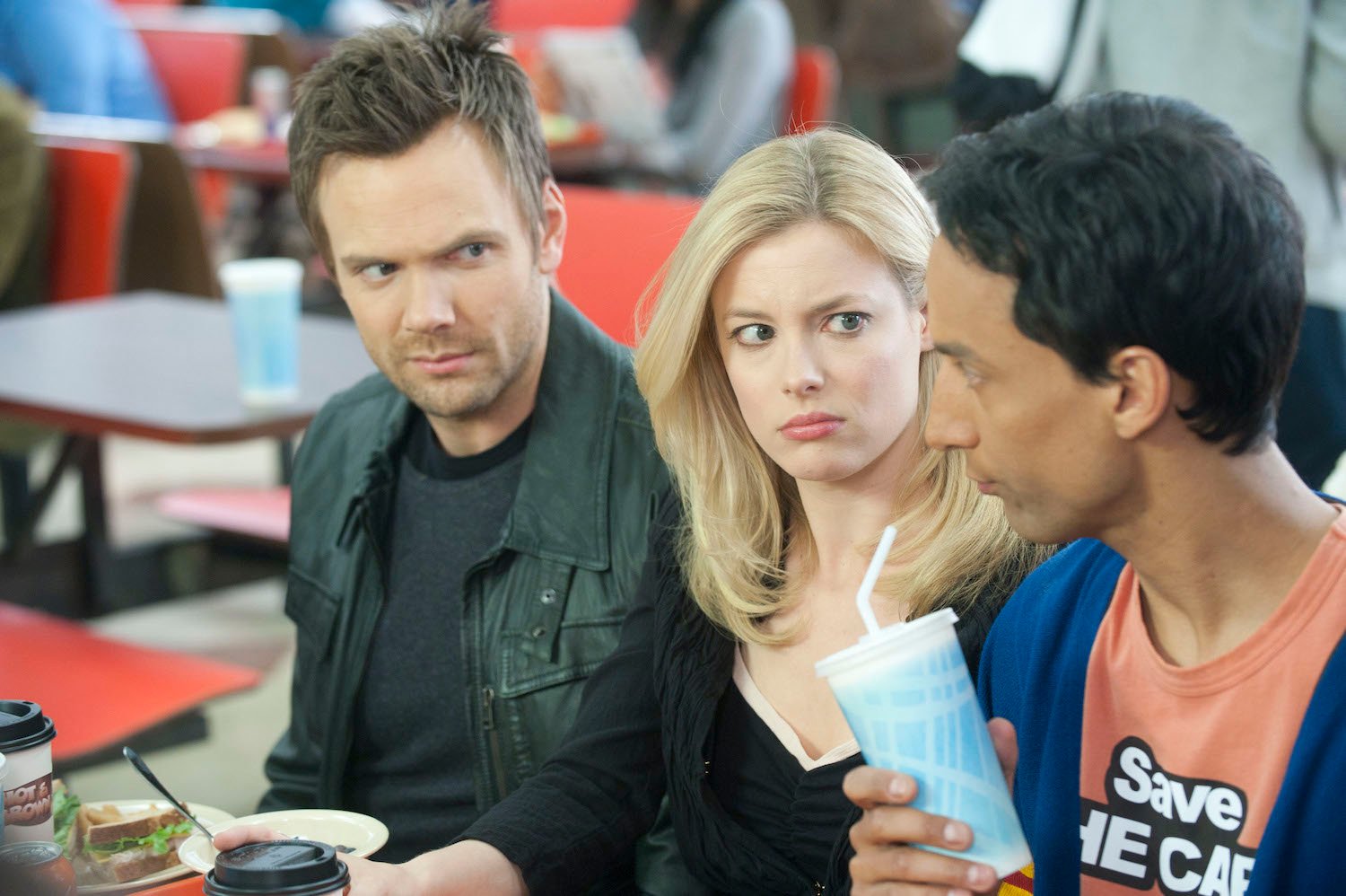 Joel McHale as Jeff, Gillian Jacobs as Britta, and Danny Pudi as Abed on 'Community'