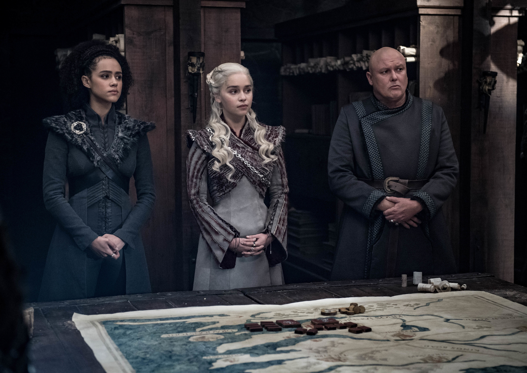 Missandei (Nathalie Emmanuel), Daenerys (Emilia Clarke), and Varys (Conleth Hill) in Season 8, Episode 4, 'Game of Thrones'