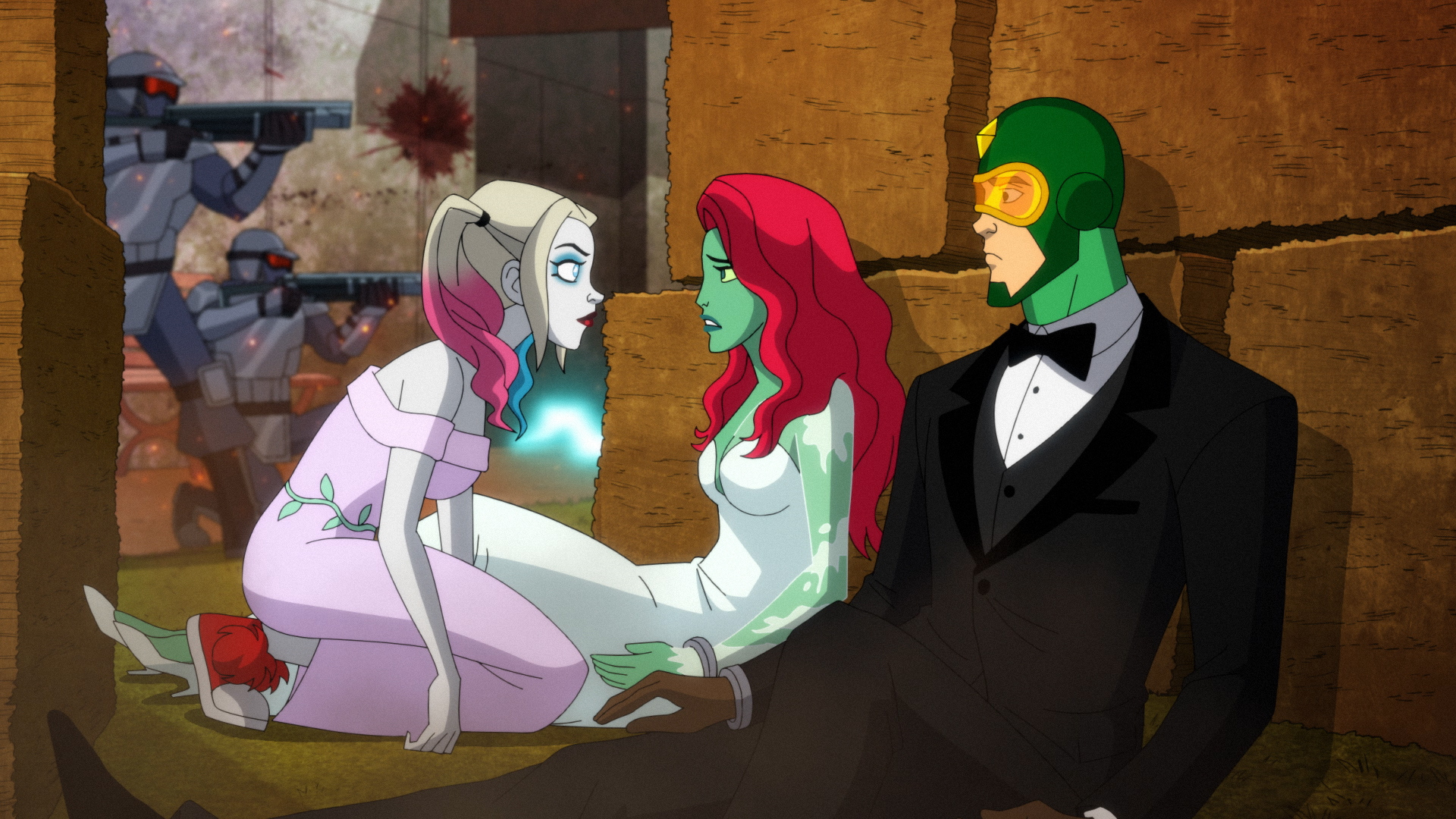 Harley Quinn, Poison Ivy, and Kite Man after the wedding is ruined.