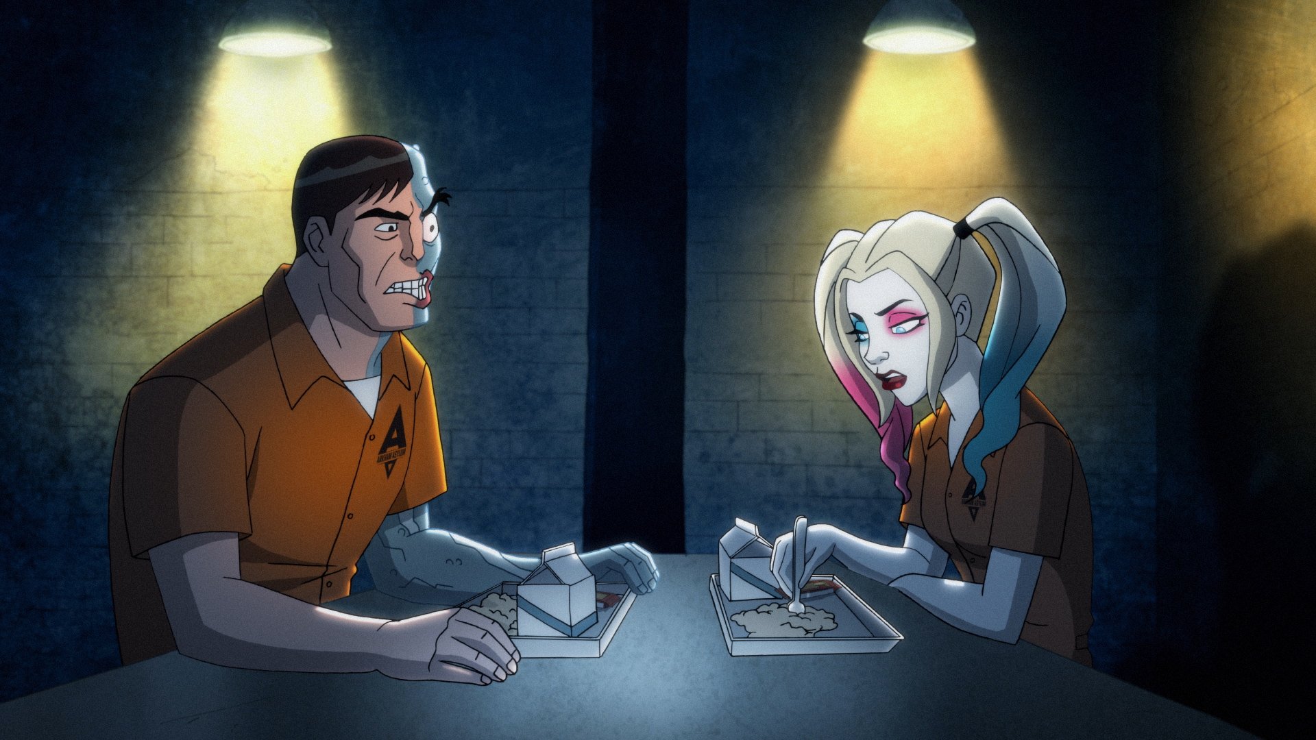 Two-Face and Harley Quinn talk in Arkham Asylum
