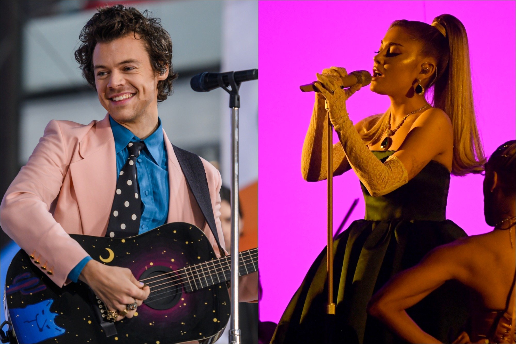 (L) Harry Styles on Feb. 26, 2020 on the TODAY Show / (R) Ariana Grande performs onstage during the 62nd Annual GRAMMY Awards at Staples Center on Jan. 26, 2020.
