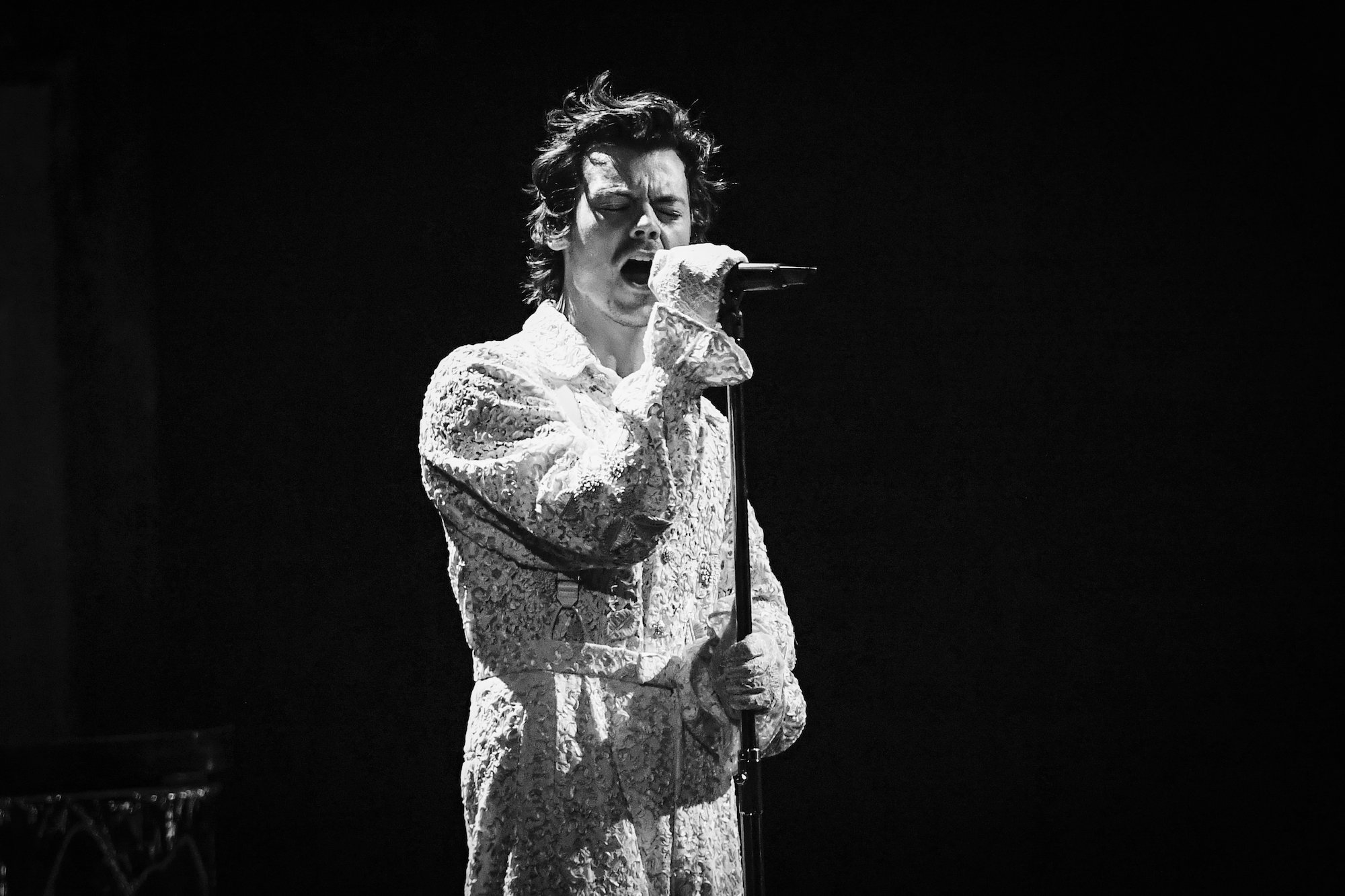 Harry Styles singing at The BRIT Awards 2020 at The O2 Arena on February 18, 2020