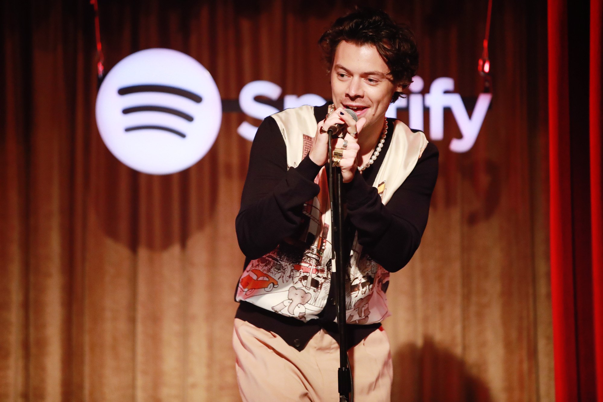 Harry Styles onstage during the Spotify launch of Harry Styles' 'Fine Line' album on December 11, 2019.