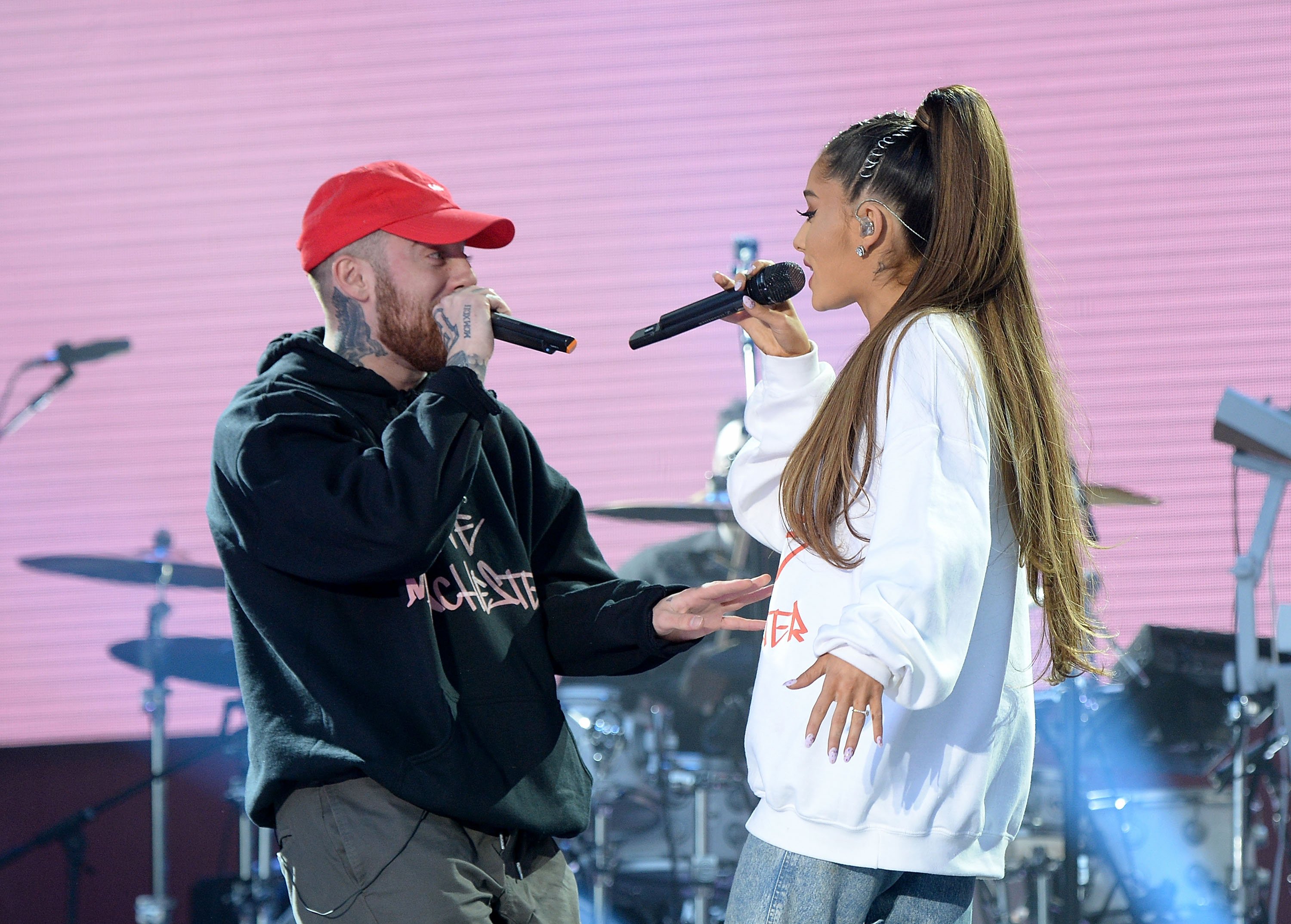 Mac Miller (L) and Ariana Grande perform on stage during the One Love Manchester Benefit Concert on June 4, 2017