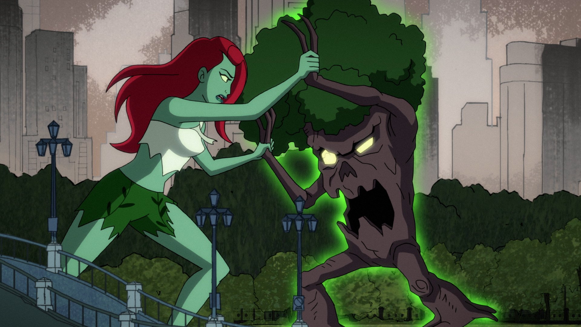 Poison Ivy (voiced by Lake Bell) fights off an infected tree in 'Harley Quinn' Season 1.