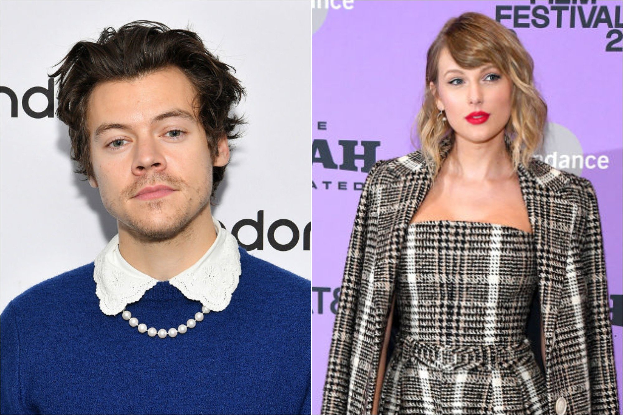 (L) Harry Styles at SiriusXM Studios on March 02, 2020 / (R) Taylor Swift at the Netflix premiere of 'Miss Americana' at Sundance Film Festival on January 23, 2020