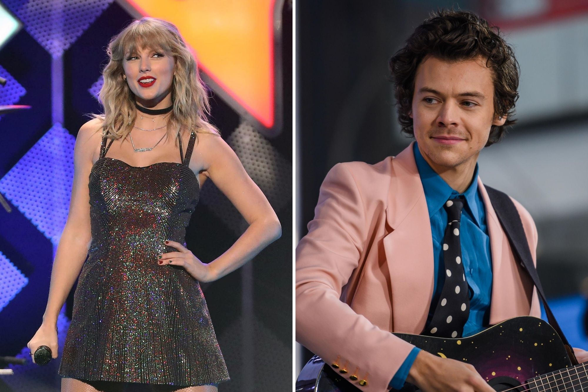 Taylor Swift onstage during the iHeartRadio's Z100 Jingle Ball 2019 at Madison Square Garden on Dec. 13, 2019 / Harry Styles on The TODAY Show Feb. 26, 2020.