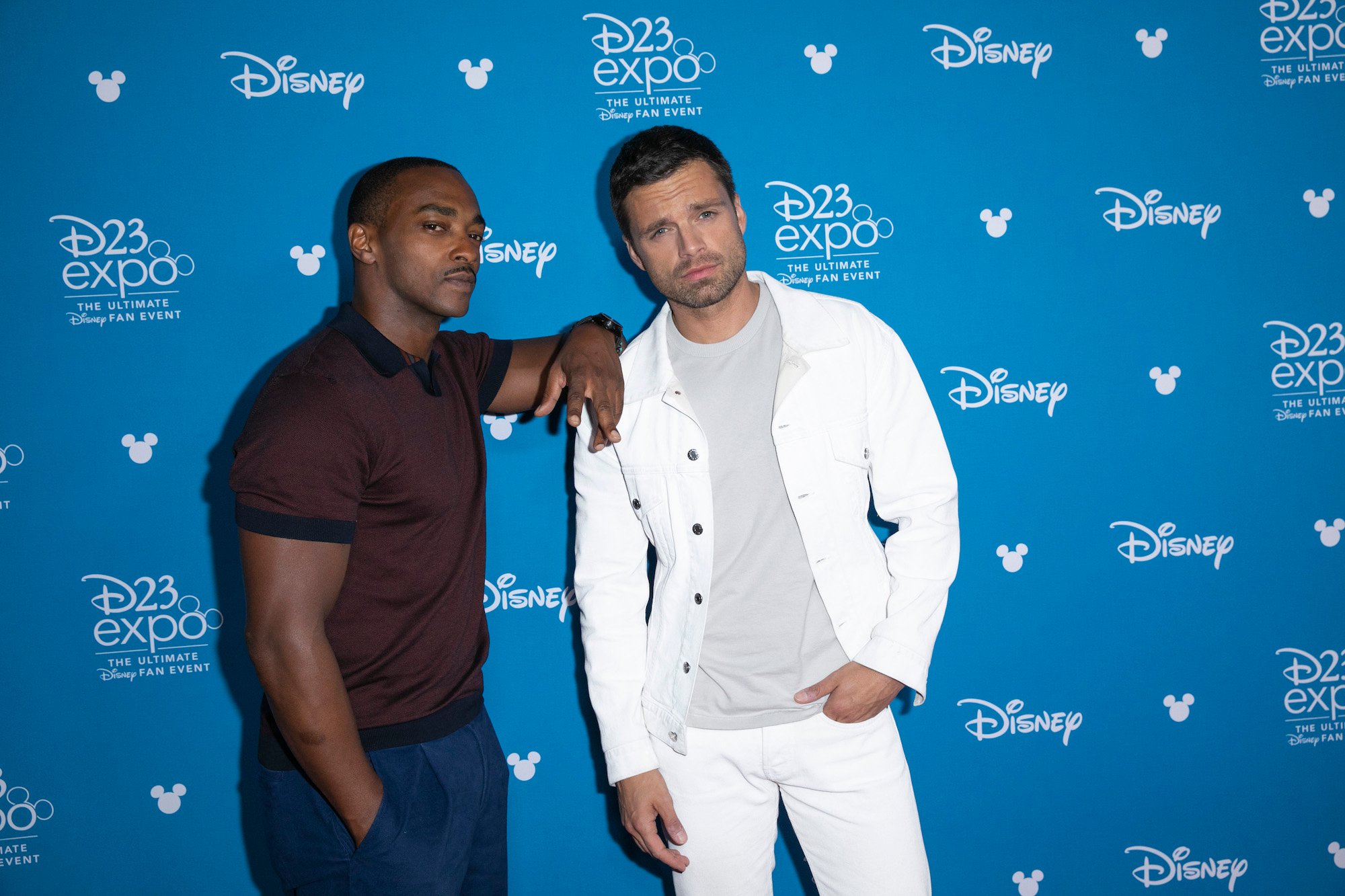 Anthony Mackie leaning on Sebastian Stan, looking at the camera in front of a blue background
