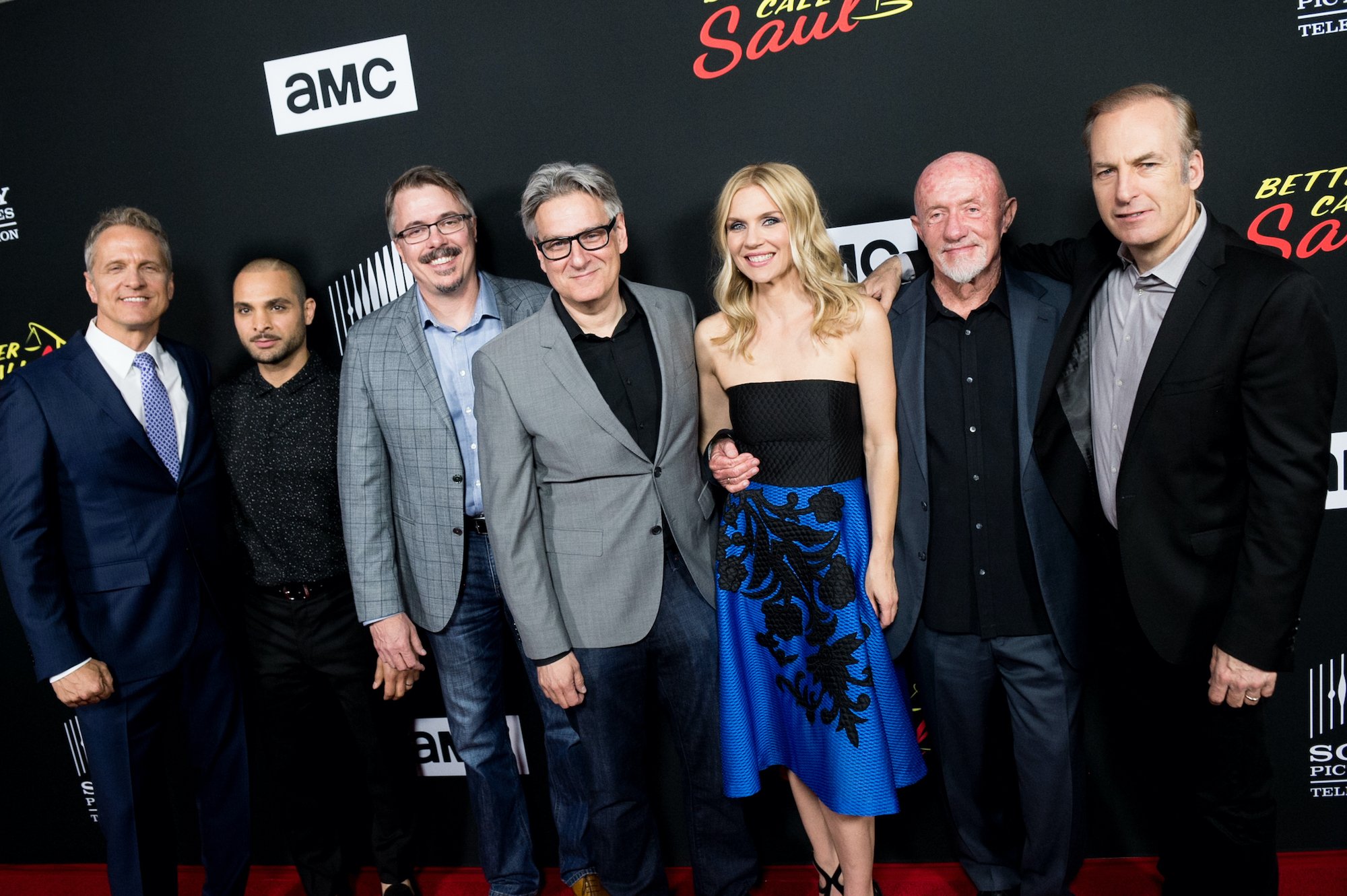 Patrick Fabian, Michael Mando, Vince Gilligan, Peter Gould, Rhea Seehorn, Jonathan Banks and Bob Odenkirk 