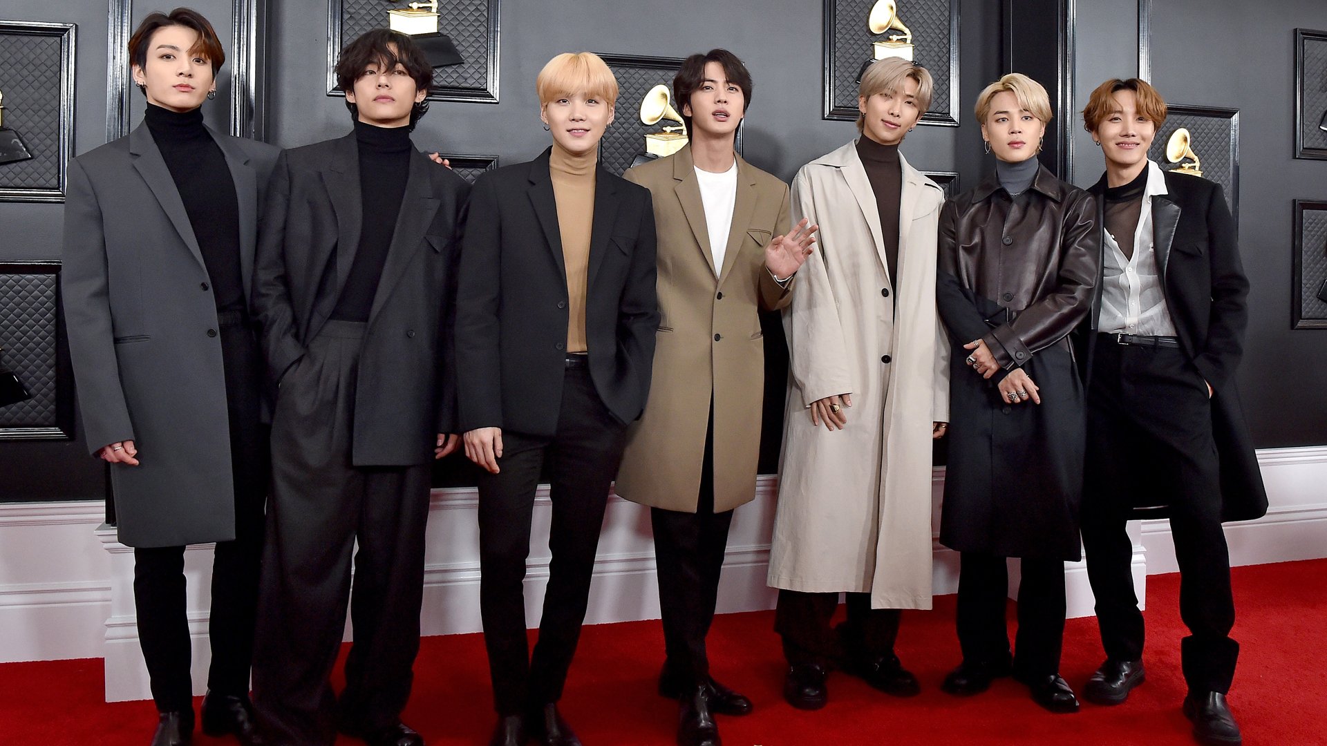 Jungkook, V, Suga, Jin, RM, Jimin and J-Hope of music group BTS attend the 62nd Annual GRAMMY Awards at Staples Center on January 26, 2020 in Los Angeles, California.