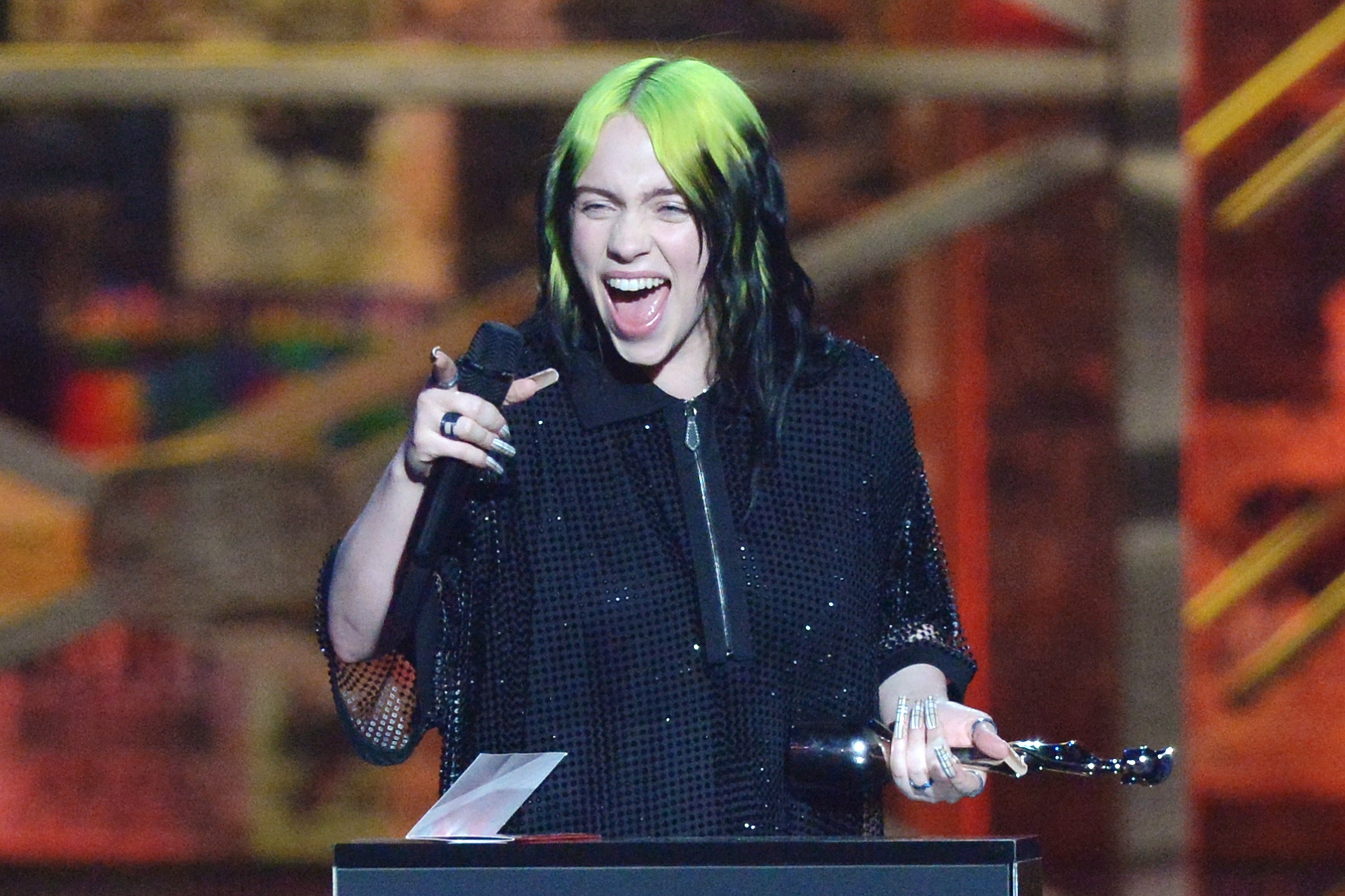 Billie Eilish accepts the International Female Solo Artist award during The BRIT Awards 2020