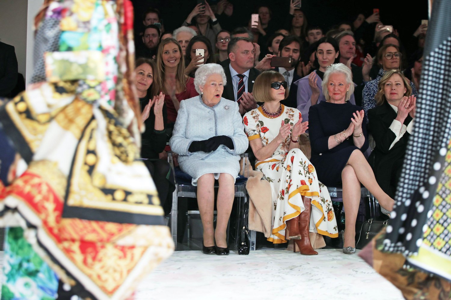Caroline Rush, Queen Elizabeth II, Anna Wintour, and Angela Kelly attend London Fashion Week