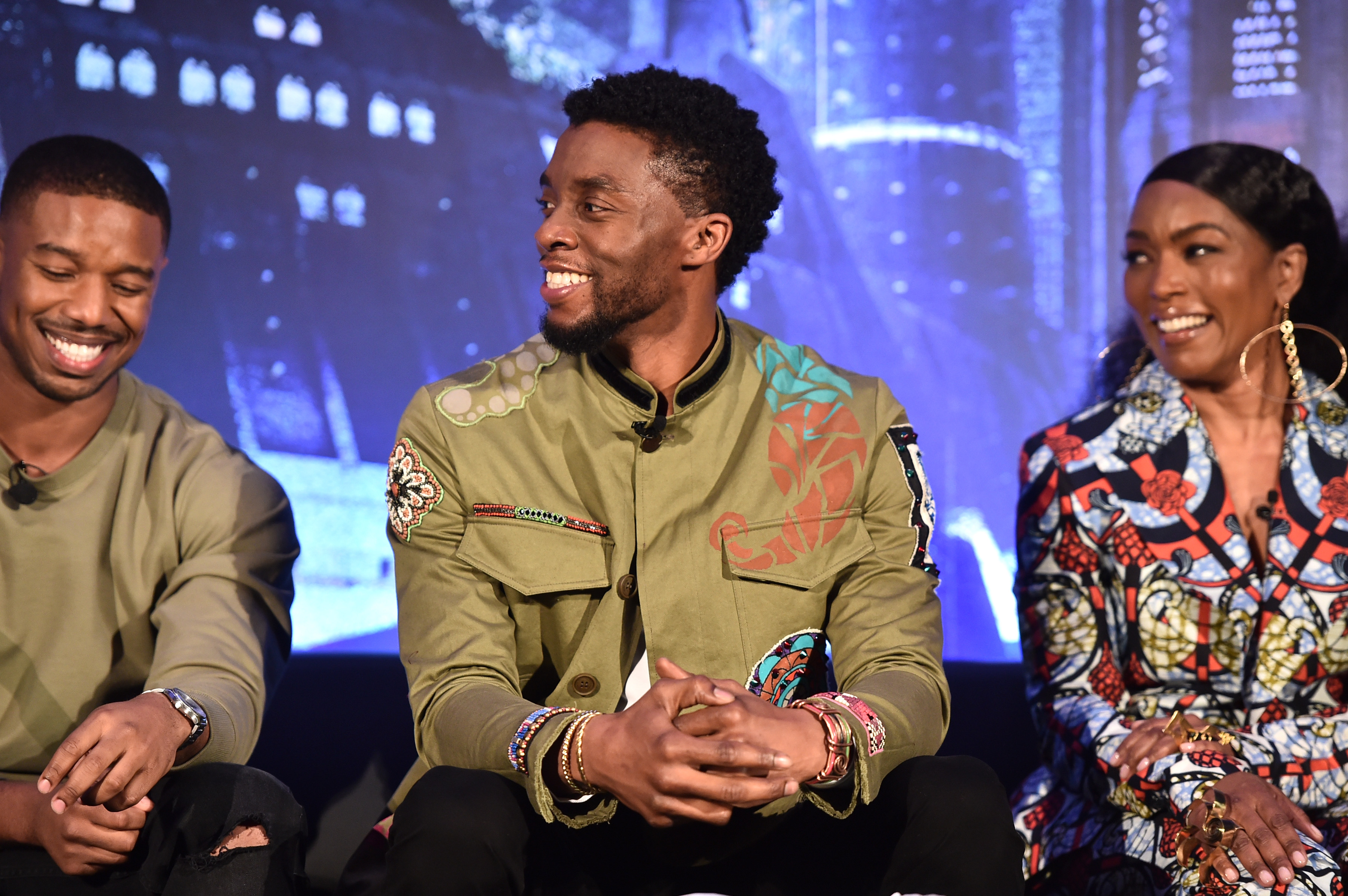 Actors Michael B. Jordan, Chadwick Boseman, and Angela Bassett of Marvel Studios' 'Black Panther'