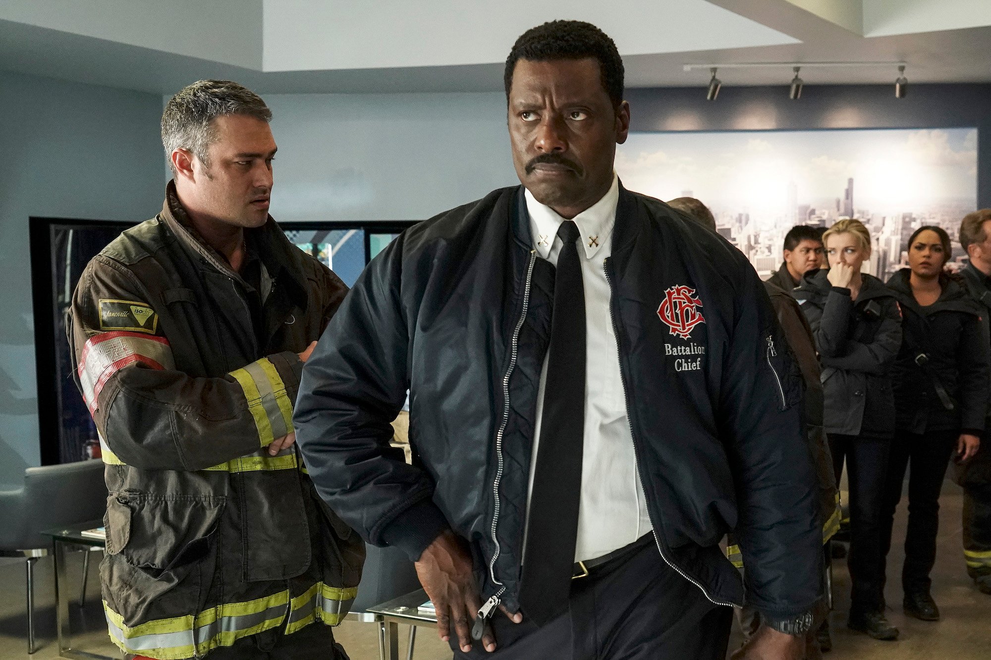 Taylor Kinney as Kelly Severide, turned to the side, , Eamonn Walker as Wallace Boden on 'Chicago Fire'