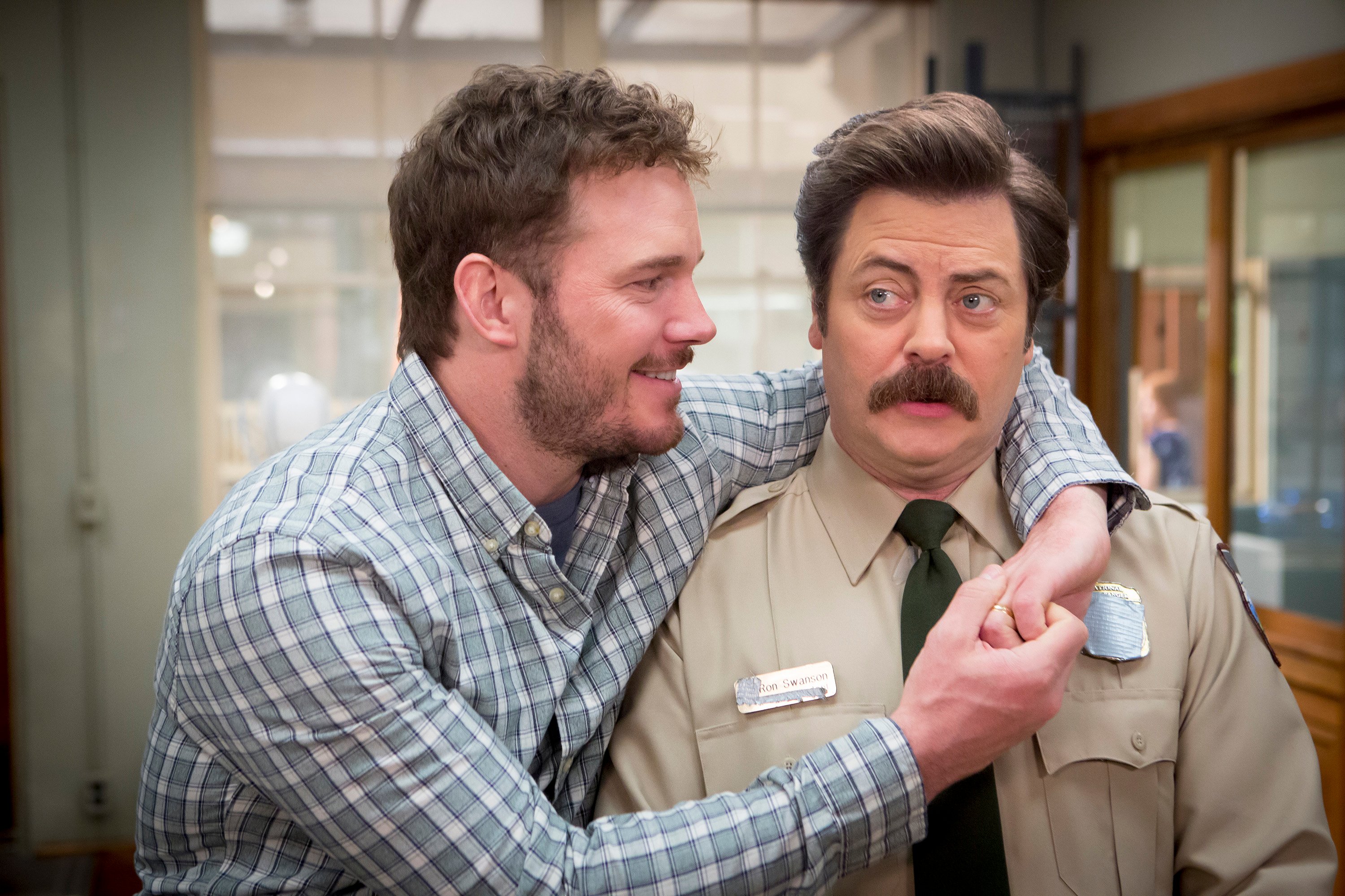 Parks and Recreation cast members Chris Pratt and Nick Offerman