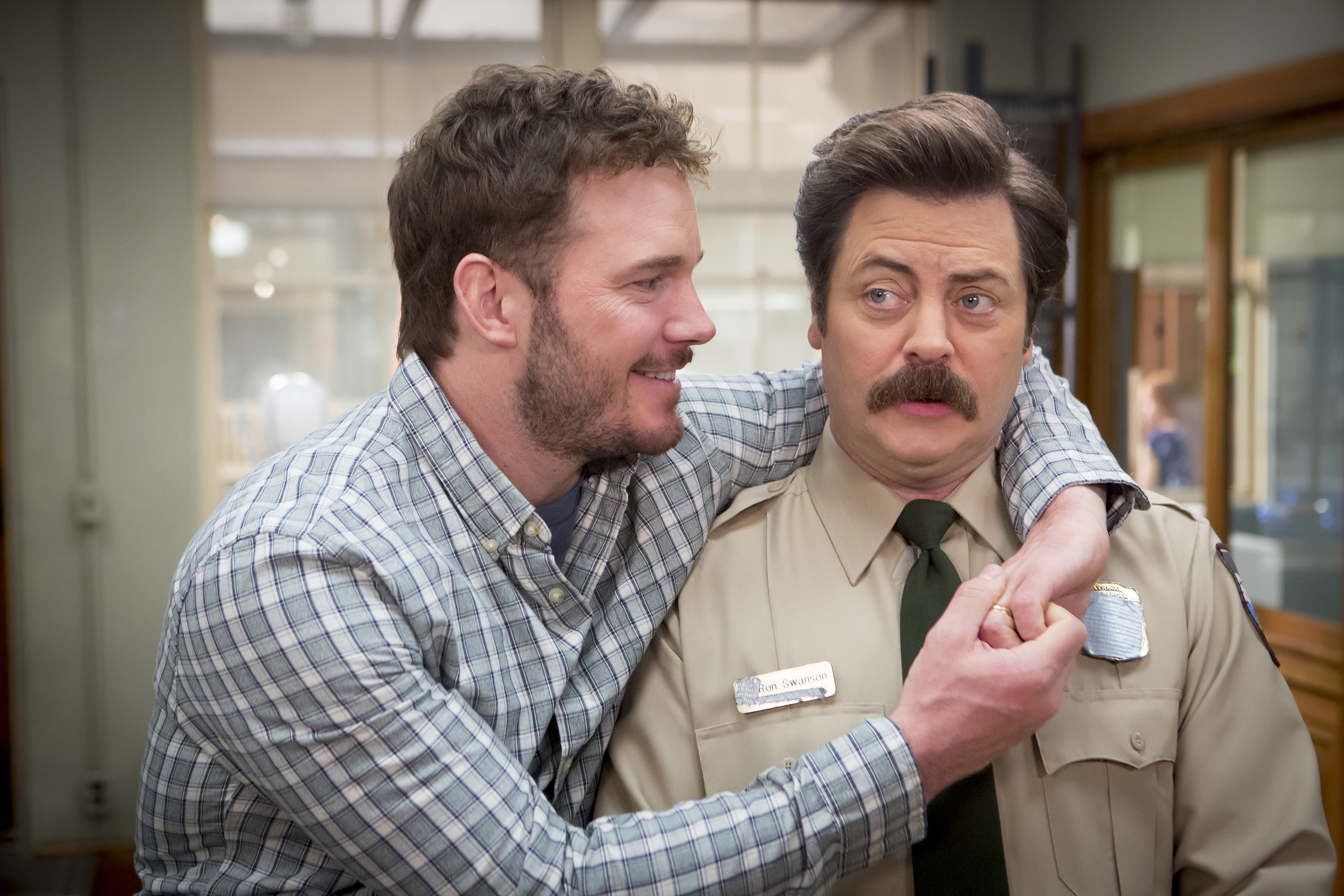 Parks and Recreation cast members Chris Pratt and Nick Offerman