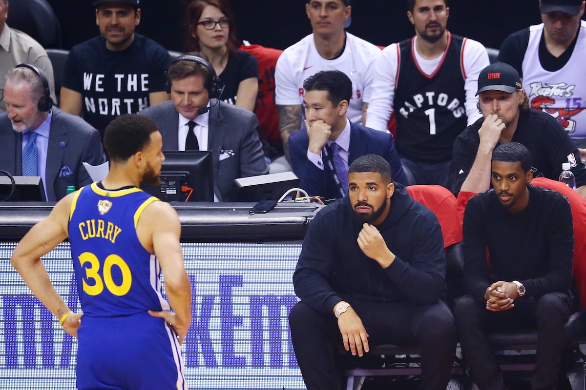 Drake sits courtside at Game Two of the 2019 NBA Finals between the Golden State Warriors and the Toronto Raptors