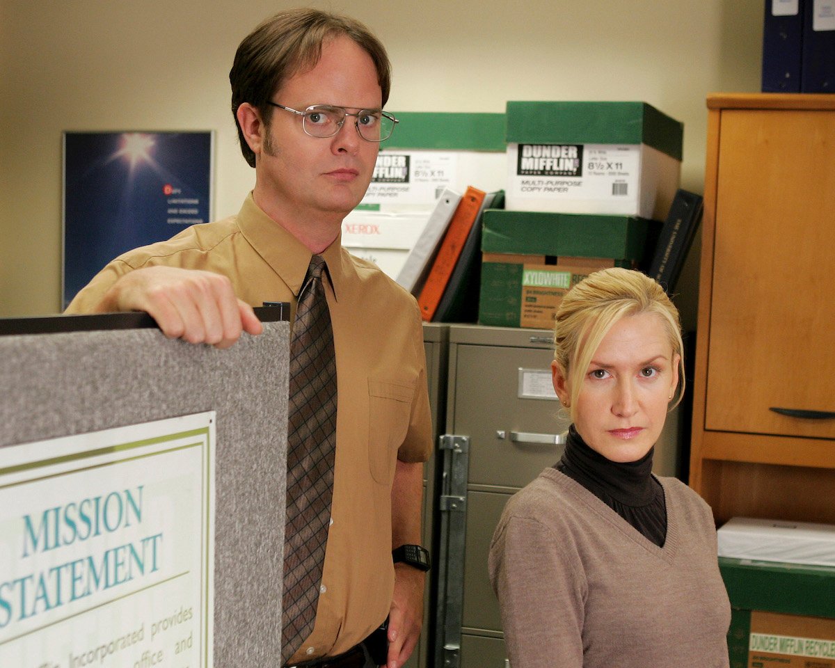 Rainn Wilson as Dwight Schrute, Angela Kinsey as Angela Martin on 'The Office'