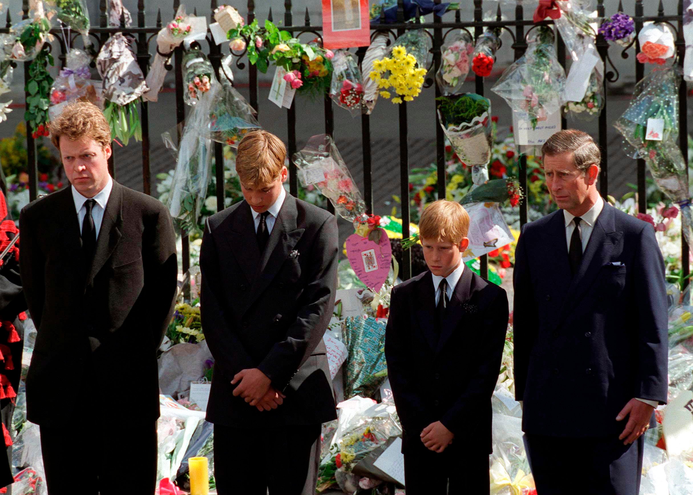 Earl Spencer, Prince William, Prince Harry and Prince Charles on day of Princess Diana's funeral