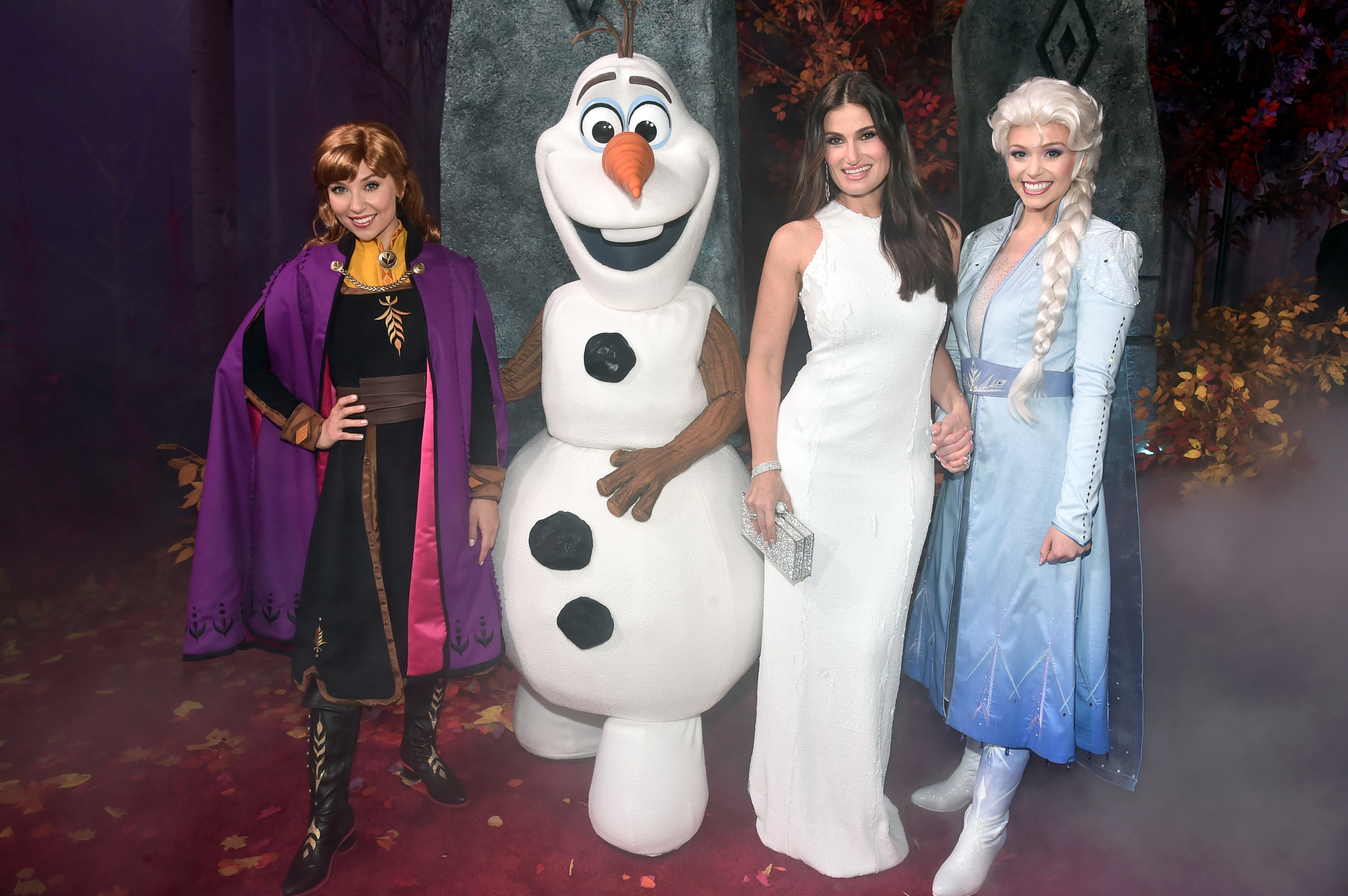 Anna, Olaf, Actress Idina Menzel, and Elsa attend the world premiere of Disney's 'Frozen 2' 