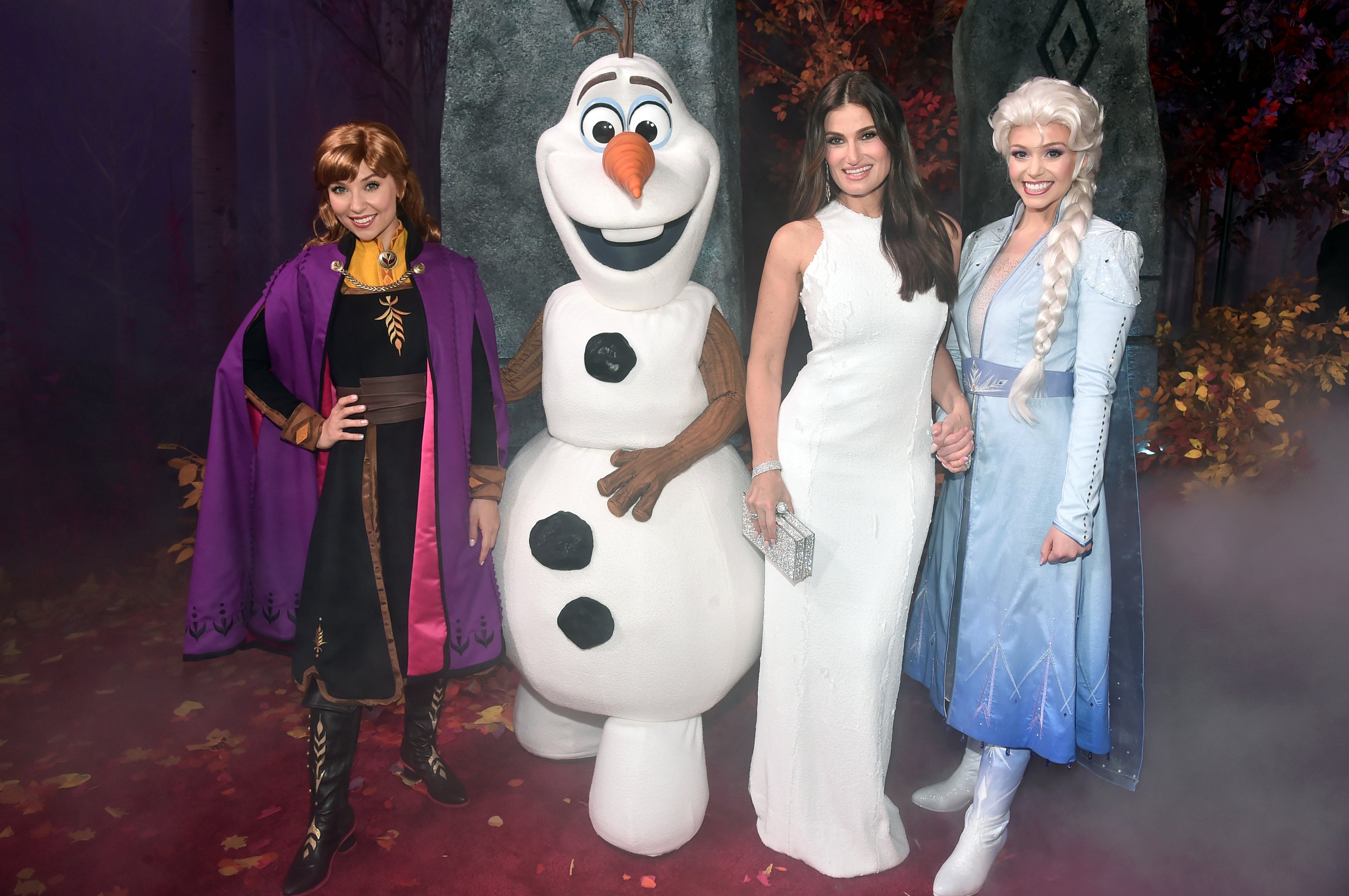 Anna, Olaf, Actress Idina Menzel, and Elsa attend the world premiere of Disney's 'Frozen 2'