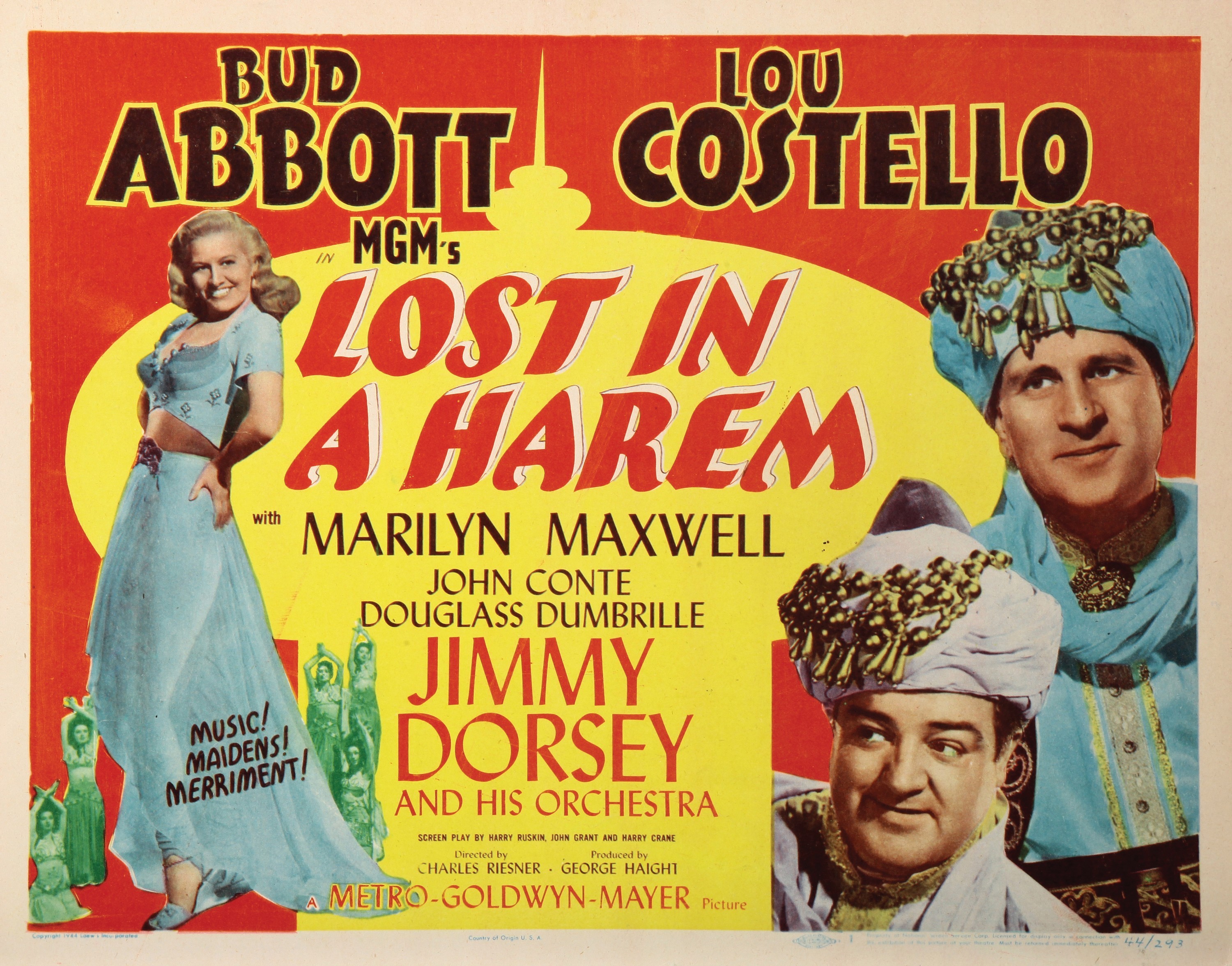 A lobbycard for Abbott & Costello's 1944 film, 'Lost In A Harem' co-written by Harry Crane