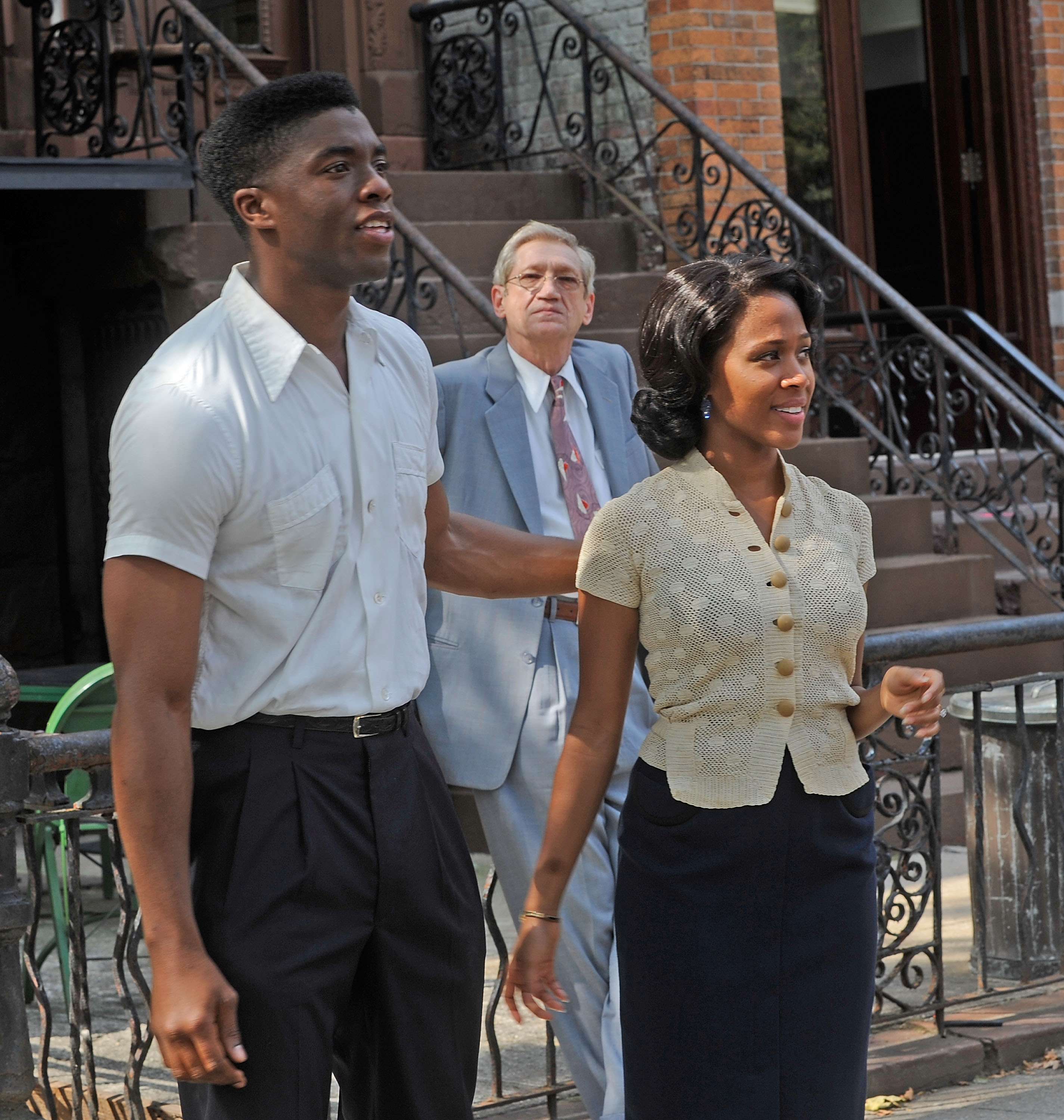 Chadwick Boseman, left, in a scene from the 2012 film, '42'