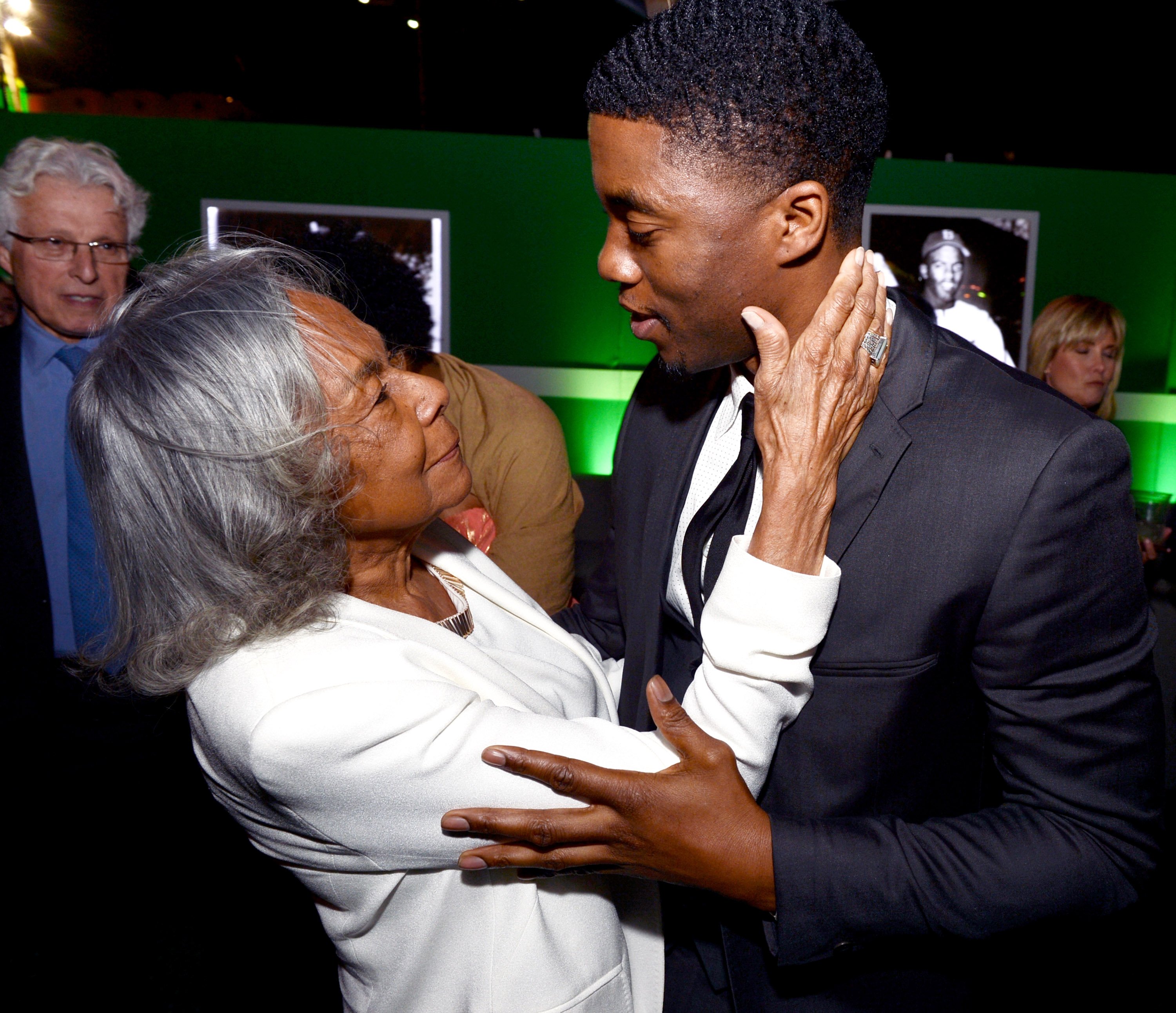 Jackie Robinson's widow, Rachel Robinson (left) with actor Chadwick Boseman in 2013